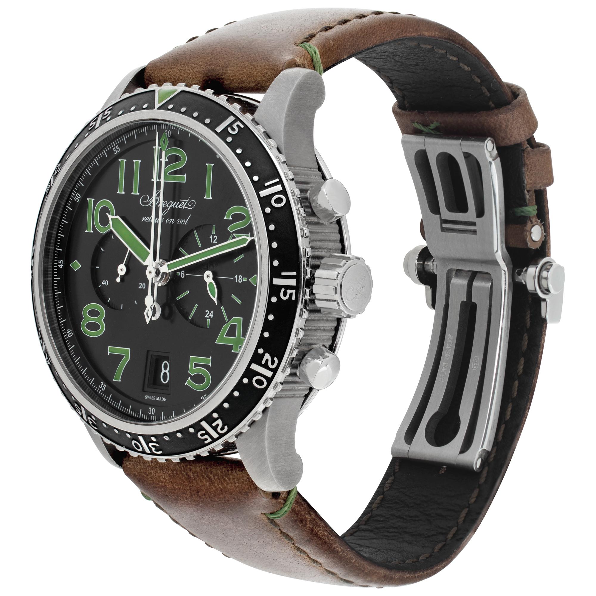 Limited Edition Breguet Type XXI Flyback Chronograph in titanium with black dial and green Arabic numeral hour markers on brown leather strap. Auto w/ subseconds, date and chronograph. 42 mm case size. With box and papers. Ref 3815. Only 250 pieces