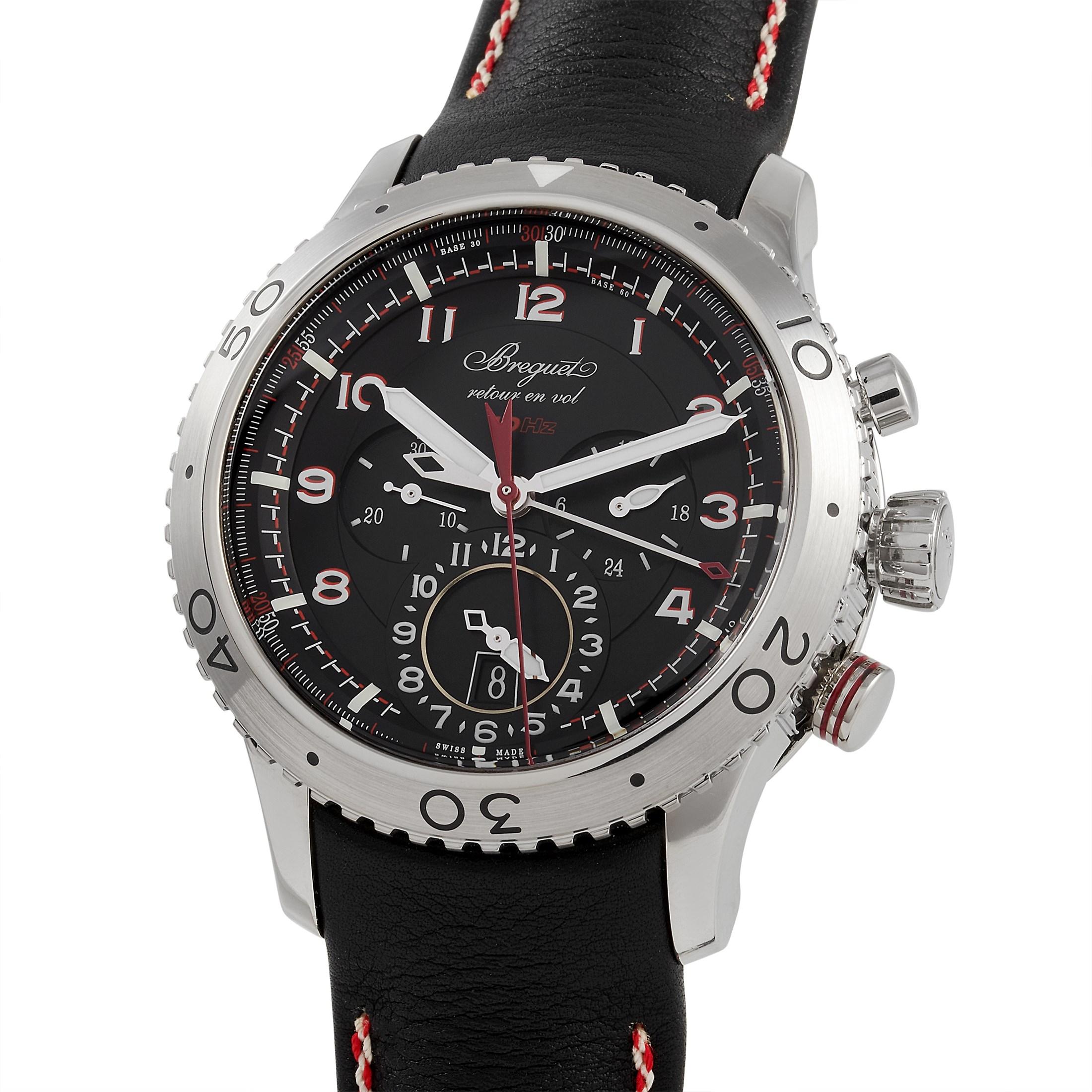 Cool and beautiful, the Breguet Type XXII Flyback Chronograph Watch 3880ST/H2/3XV features a round 44mm wide steel case that's about 17.3 mm thick. On the black dial are luminous hands, Arabic Numeral dial markers, and three sub dials. This