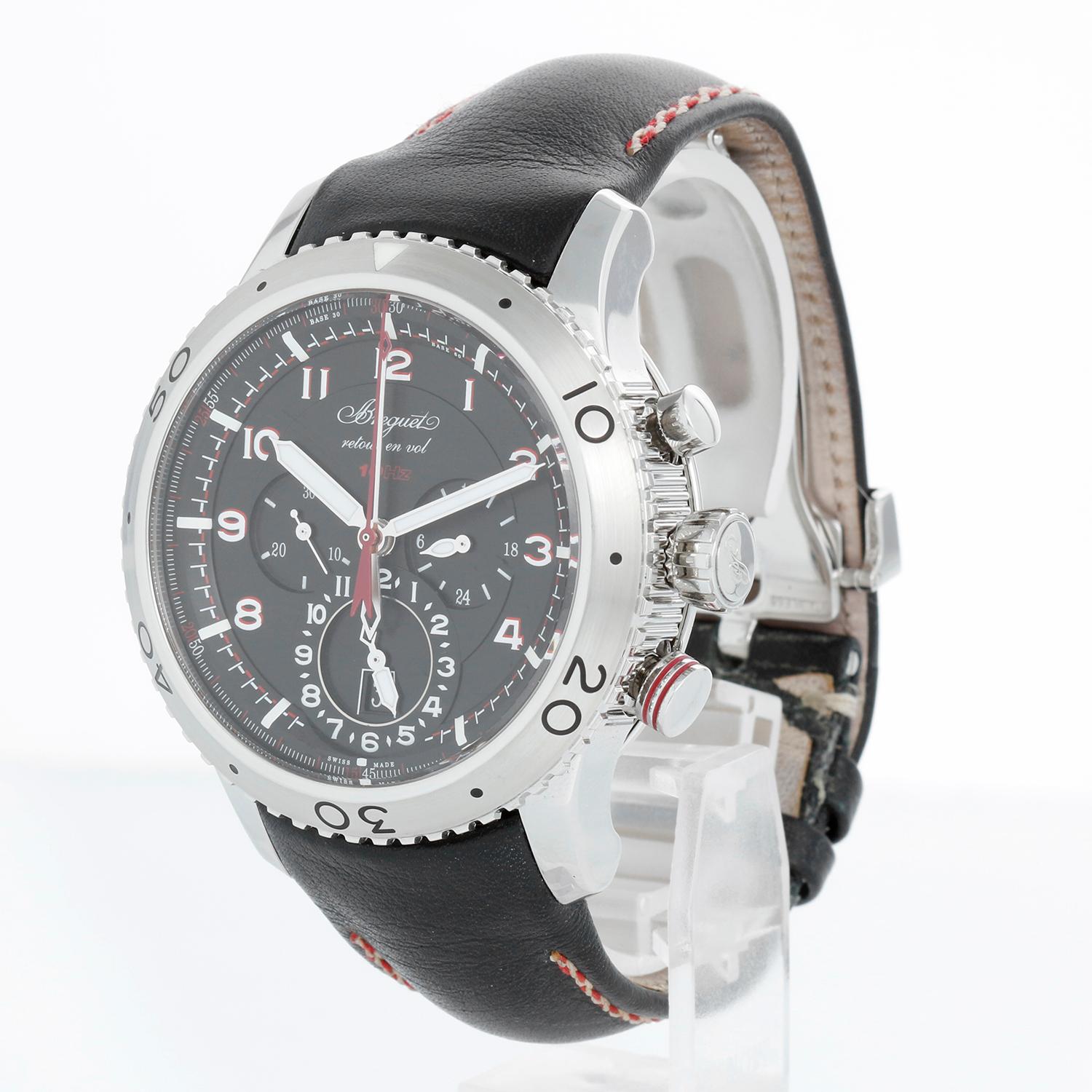 Breguet Type XXII  Transatlantique Chrono Men's Watch Ref 3880 - Automatic winding. Stainless Steel ( 44 mm ) Uni-directional rotating bezel. Black dial with luminous hands and Arabic numeral hour markers; Red chronograph marker. Black Breguet