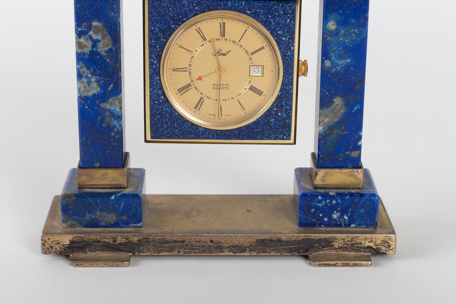 European Breil Desk Clock in Lapis Lazuli and Gilded Metal