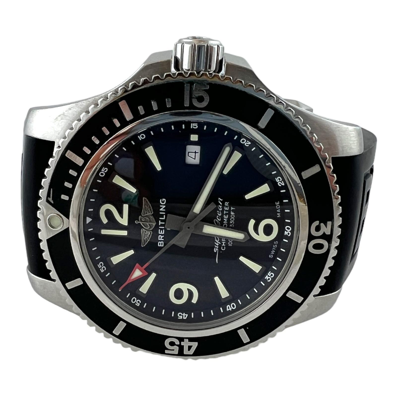 Breitling SuperOcean Men's Watch

Model: A17367
Serial: 7281262

Black dial with luminescent stick and arabic markers. 

Black Bezel

Black Rubber 