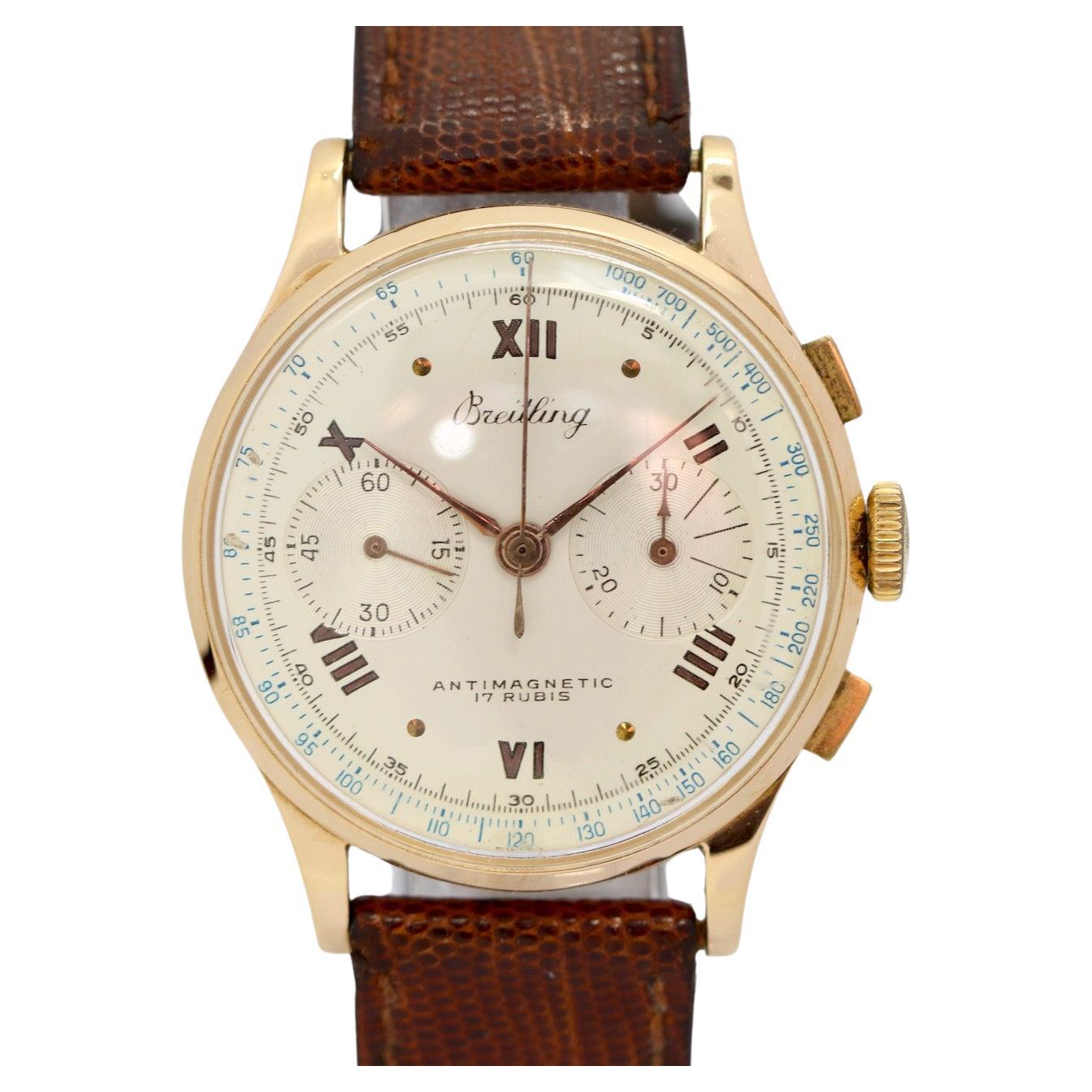 Breitling 18 Karat Gold Vintage Chronograph Men Wrist Watch For Sale