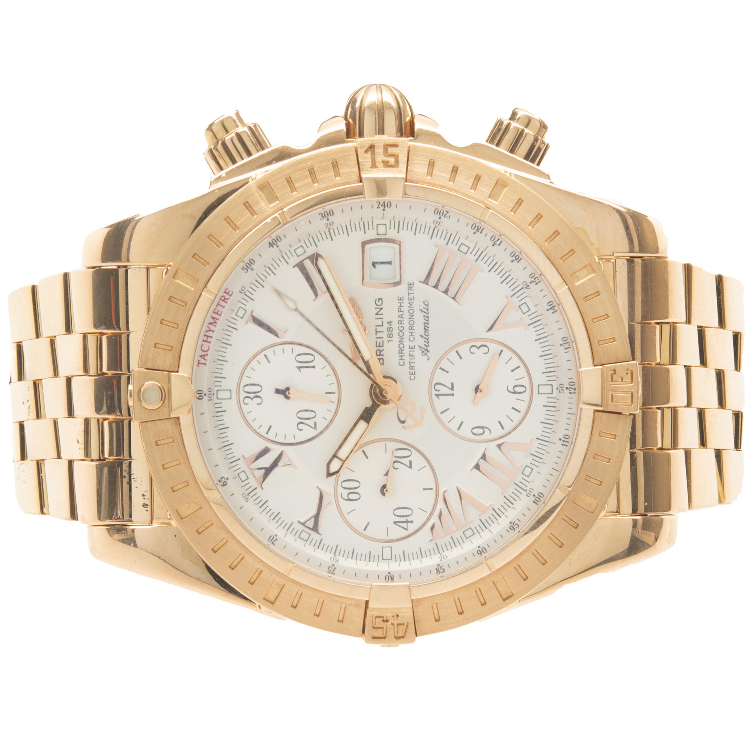 Movement: automatic
Function: hours, minutes, seconds, date, timing bezel, chronograph
Case: round 44mm case, sapphire protective crystal, Breitling engraved case-back, screw-down crown, water resistant to 100 meters
Band: 18K rose gold chronomat