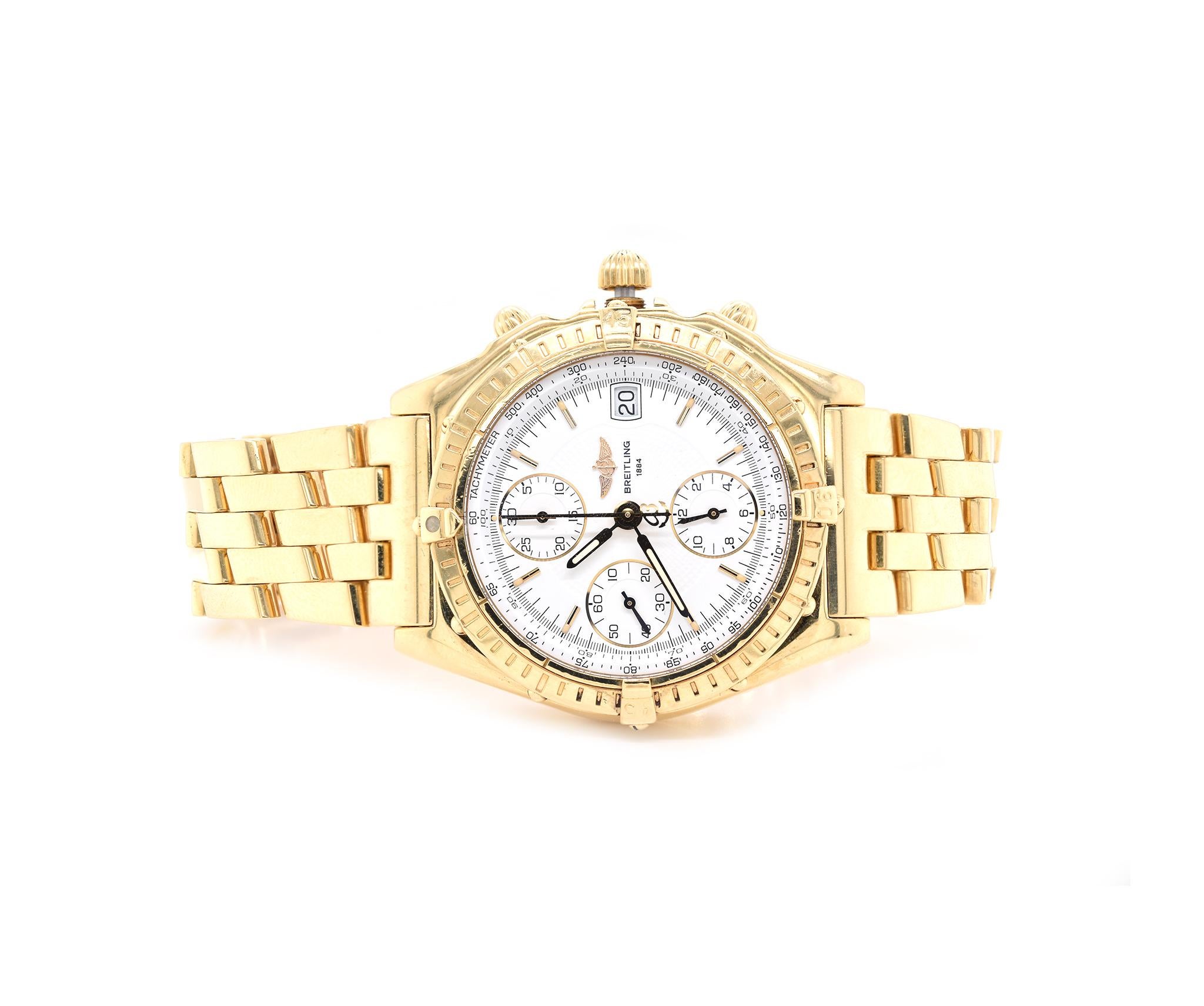 Brand: Breitling
Movement: automatic
Function: hours, minutes, seconds, date, chronometer, 70-hour power reserve
Case: round 40mm 18K yellow gold case, scratch-resistant sapphire crystal, water-resistant to 100m,  push/pull crown, 18K yellow gold