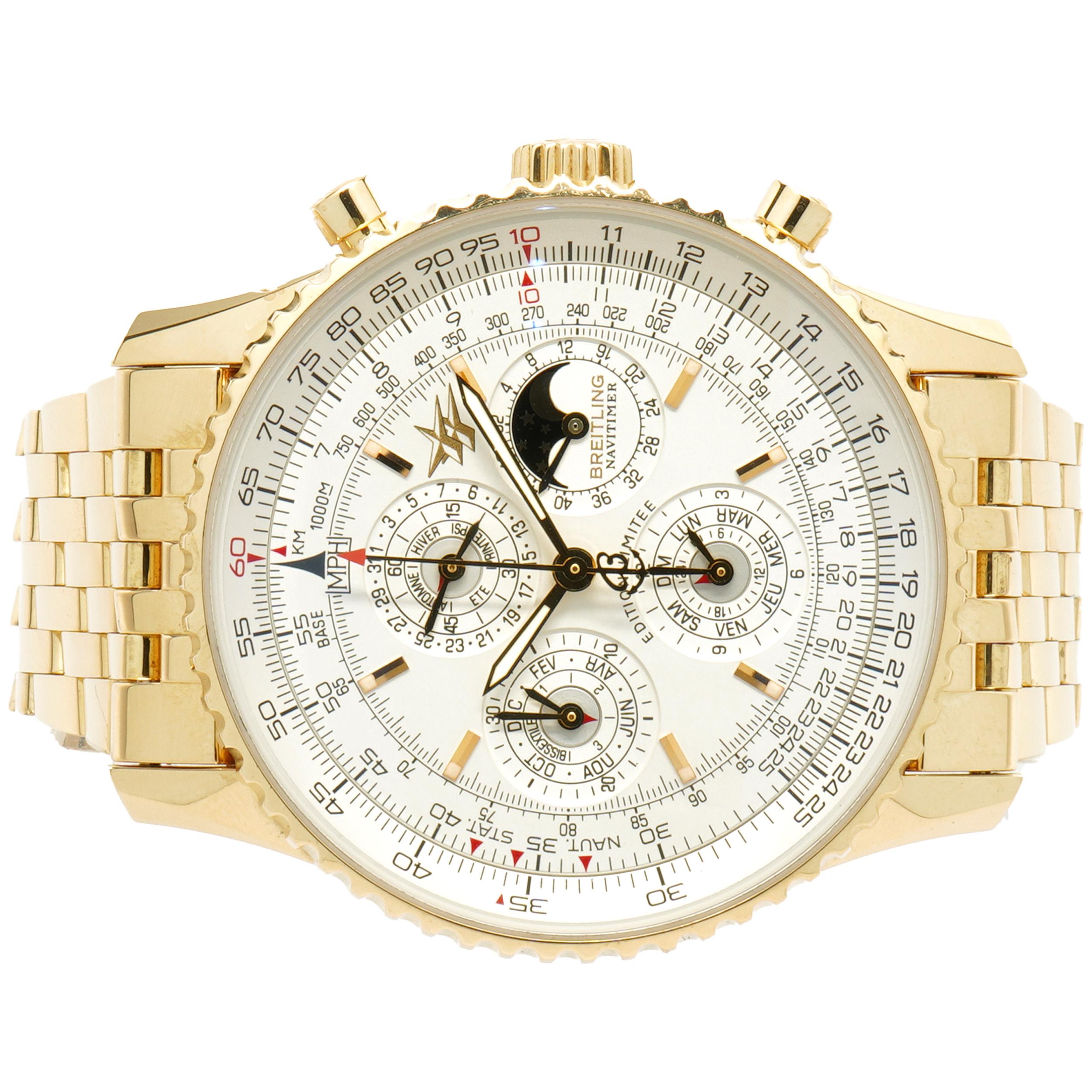 Movement: automatic
Function: hours, minutes, seconds, sub day-date, chronograph, perpetual calendar, week of year subdial
Case: round 43mm case, 18k yellow gold riveted bezel, sapphire crystal, Breitling engraved case-back, screw-down crown
Band: