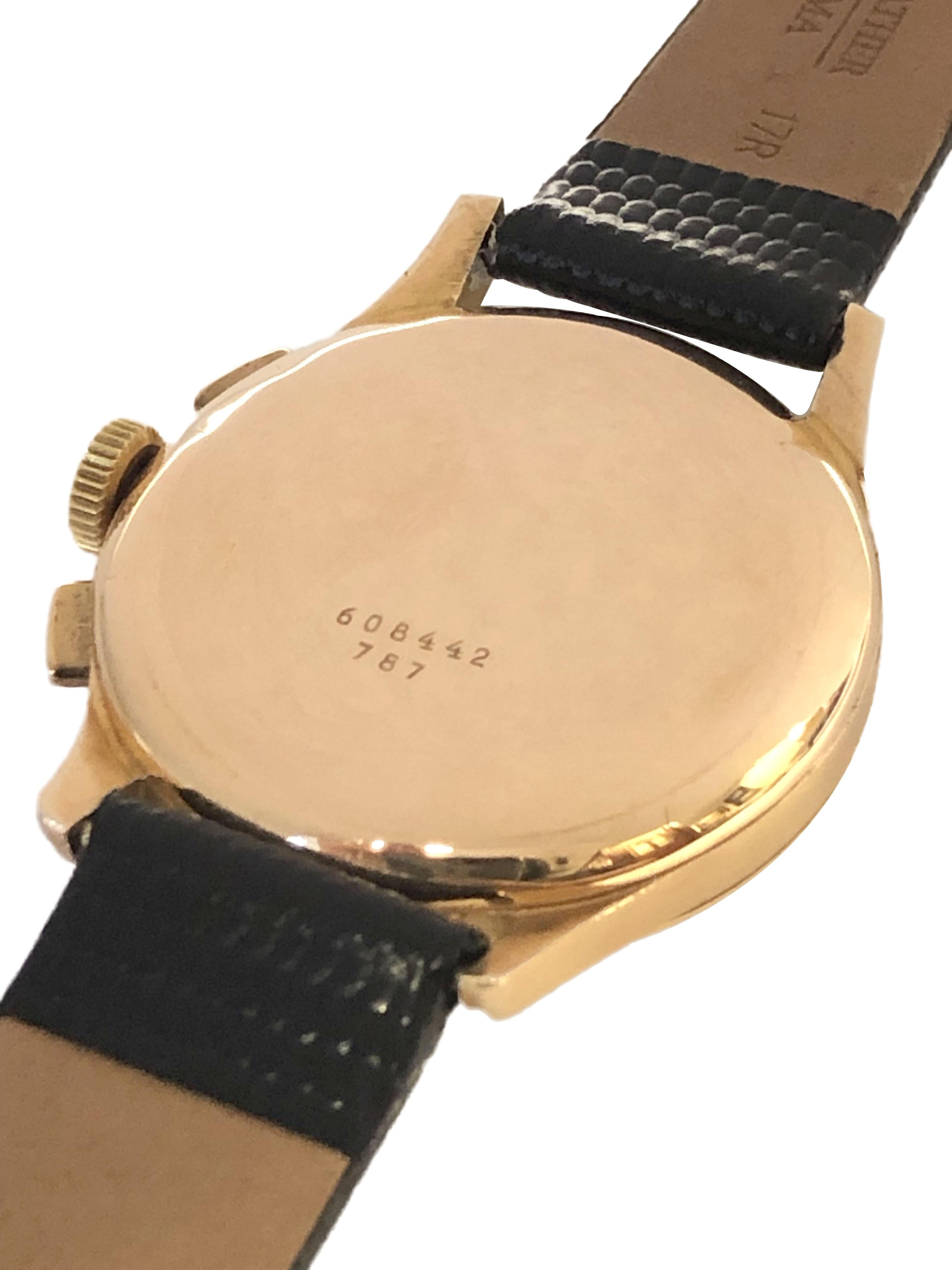 Circa 1945 Breitling Chronograph Wrist Watch, 35 M.M. 18k Rose Gold 3 piece case, Rose Gold Flat Buttons and a Breitling Logo Crown. Caliber 787, 17 jewel mechanical, manual wind movement with triple Chronograph functions including center sweep fly