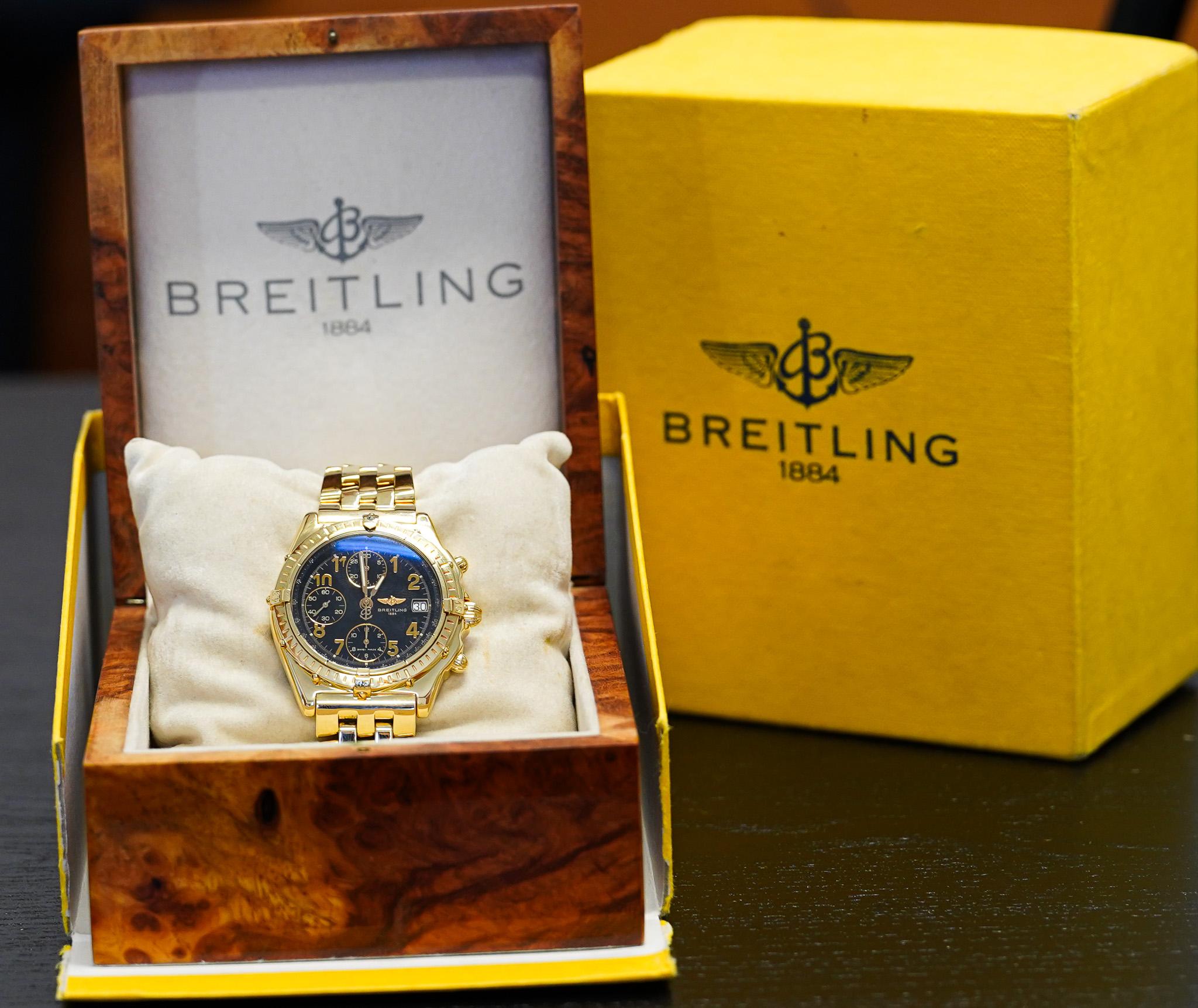 Breitling 44mm Black Dial Chronomat 1884 In 18K Yellow Gold With Box & Papers For Sale 4