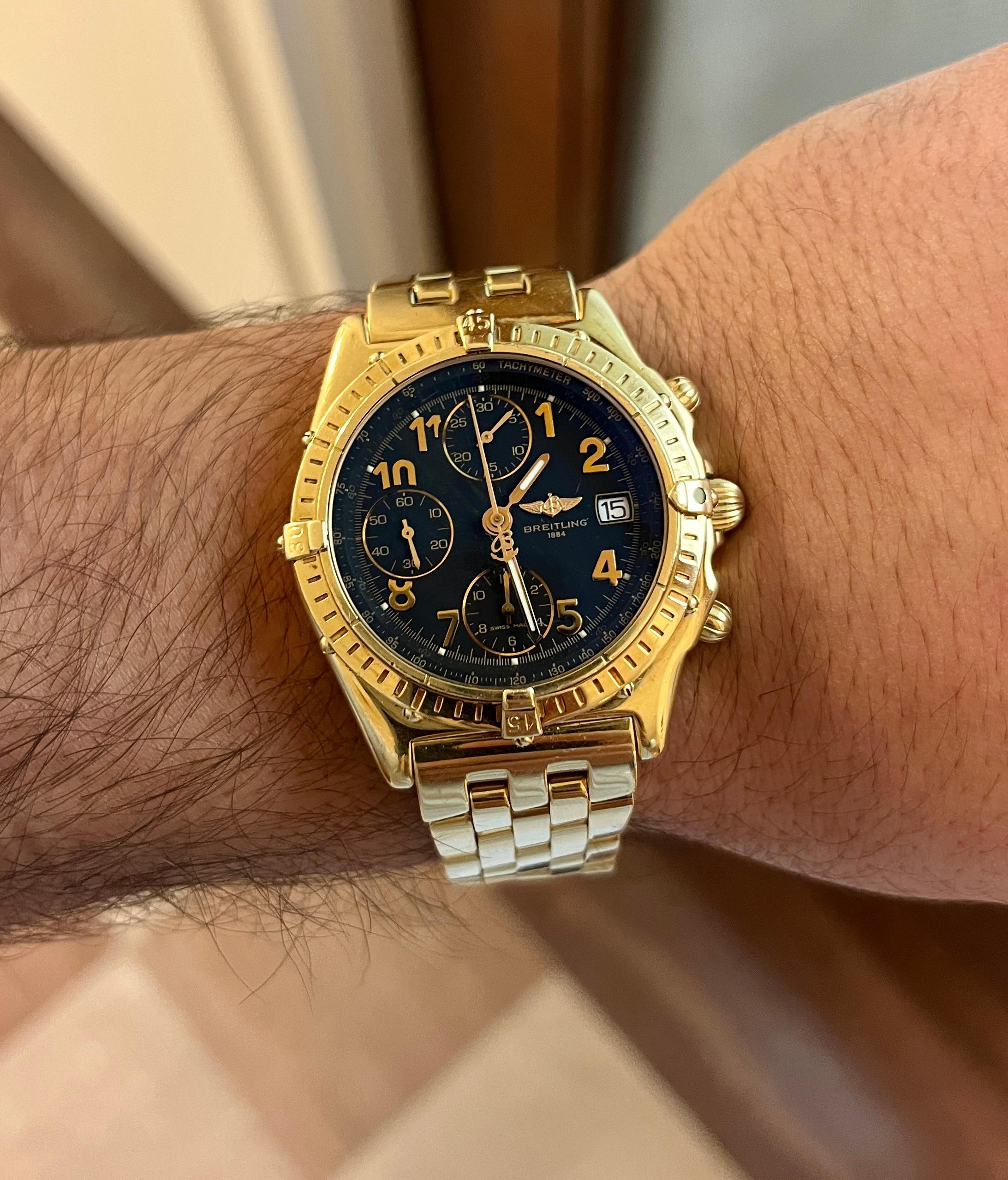 Breitling 44mm Black Dial Chronomat 1884 In 18K Yellow Gold With Box & Papers For Sale 5