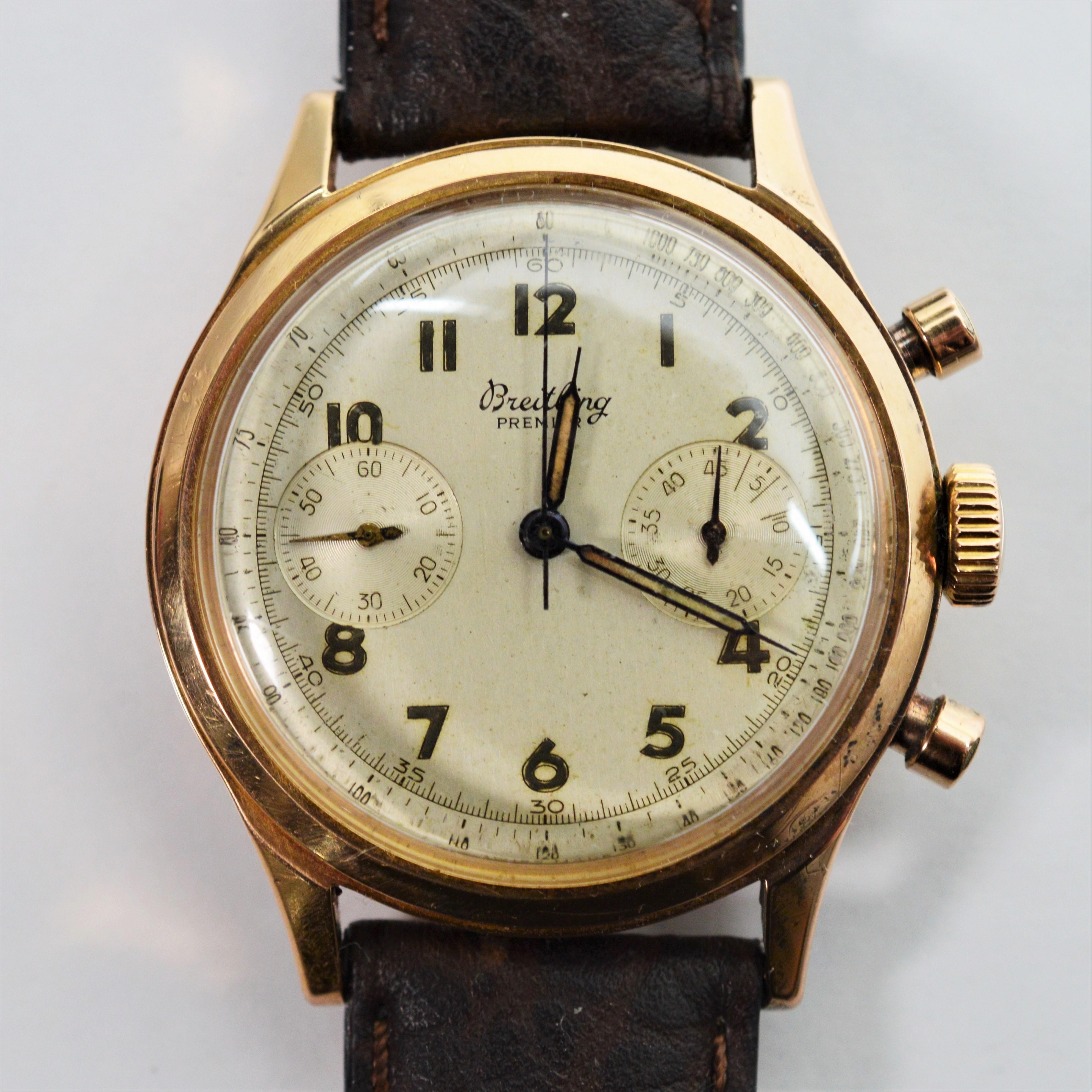 Breitling Vintage Men's Premier 777 Chronograph Wrist Watch in 18 karat Rose Gold. 
Manufactured circa 1950, with classic Venus 175 manual wind movement. ID#630160. In working condition. As fine an example of this rare watch as we have ever seen.