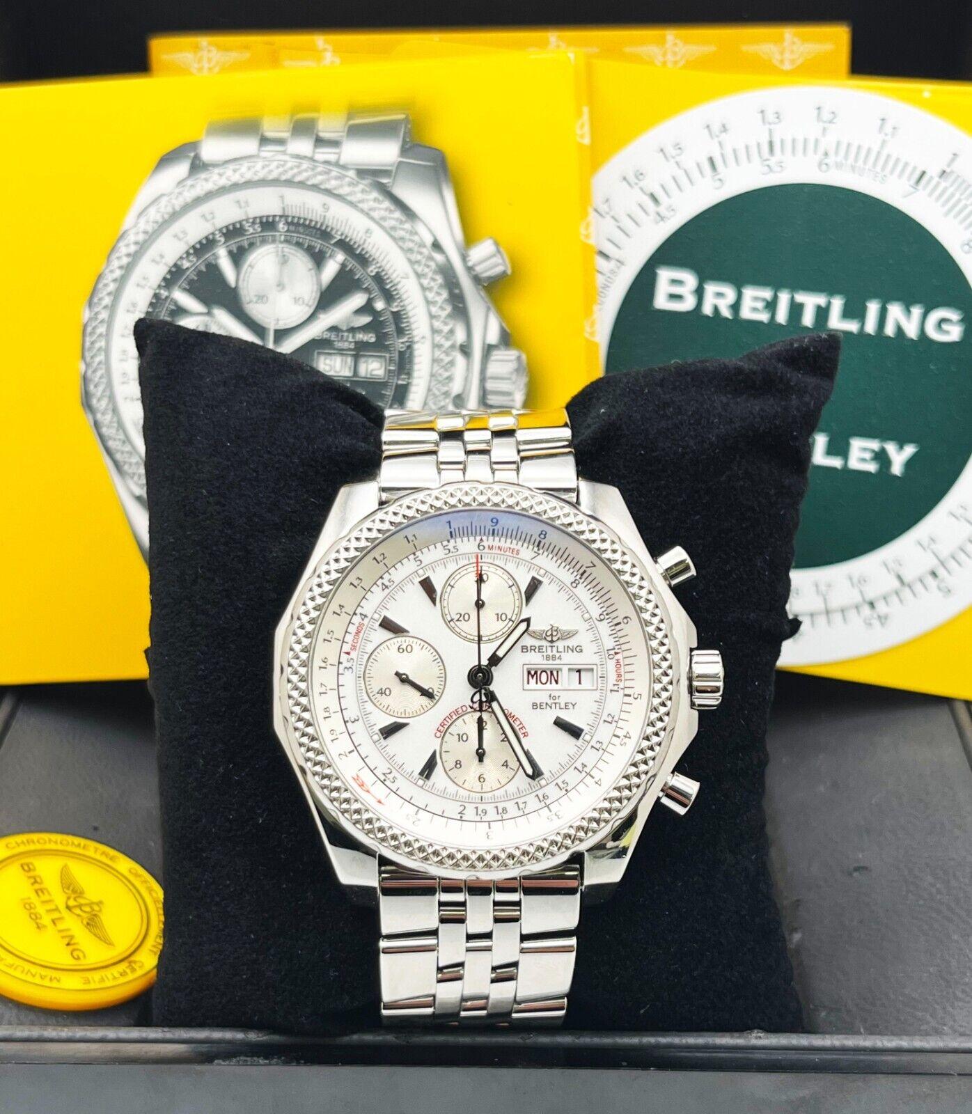 Style Number: A13362

Year: 2005

Model: Bentley Motors GT

Case Material: Stainless Steel

Band: Stainless Steel

Bezel: Stainless Steel

Dial: White

Face: Sapphire Crystal

Case Size: 45mm

Includes: 

-Breitling Box & Papers

-Certified