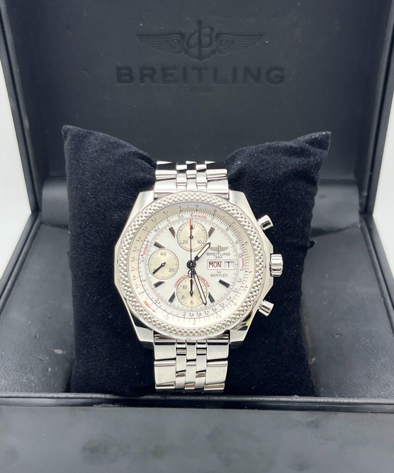 Breitling A13362 Bentley Motors GT White Dial Stainless Steel Box Papers In Excellent Condition For Sale In San Diego, CA