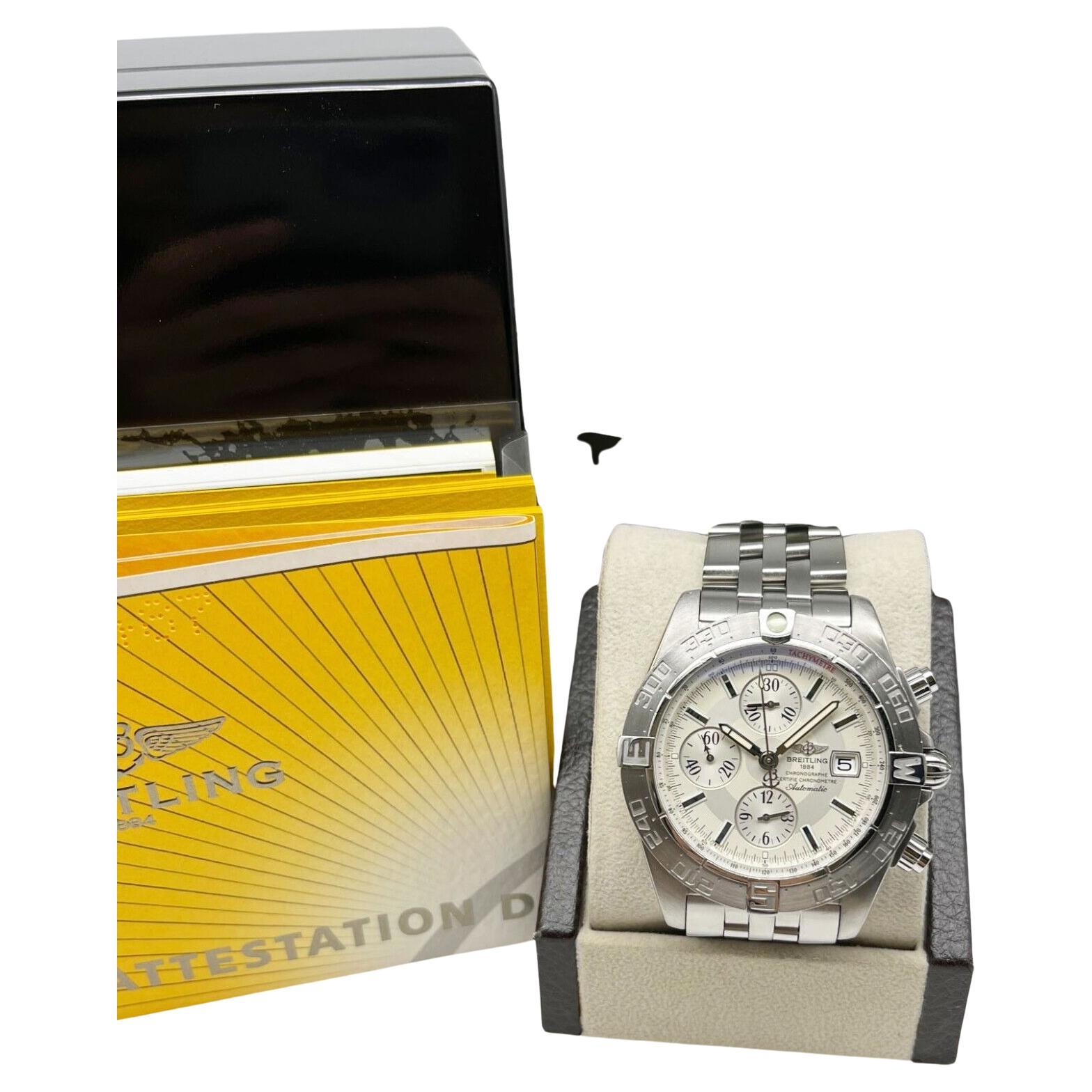 Breitling A13364 Galactic Chronograph II Silber Zifferblatt Stahlschachtel Papier im Angebot
