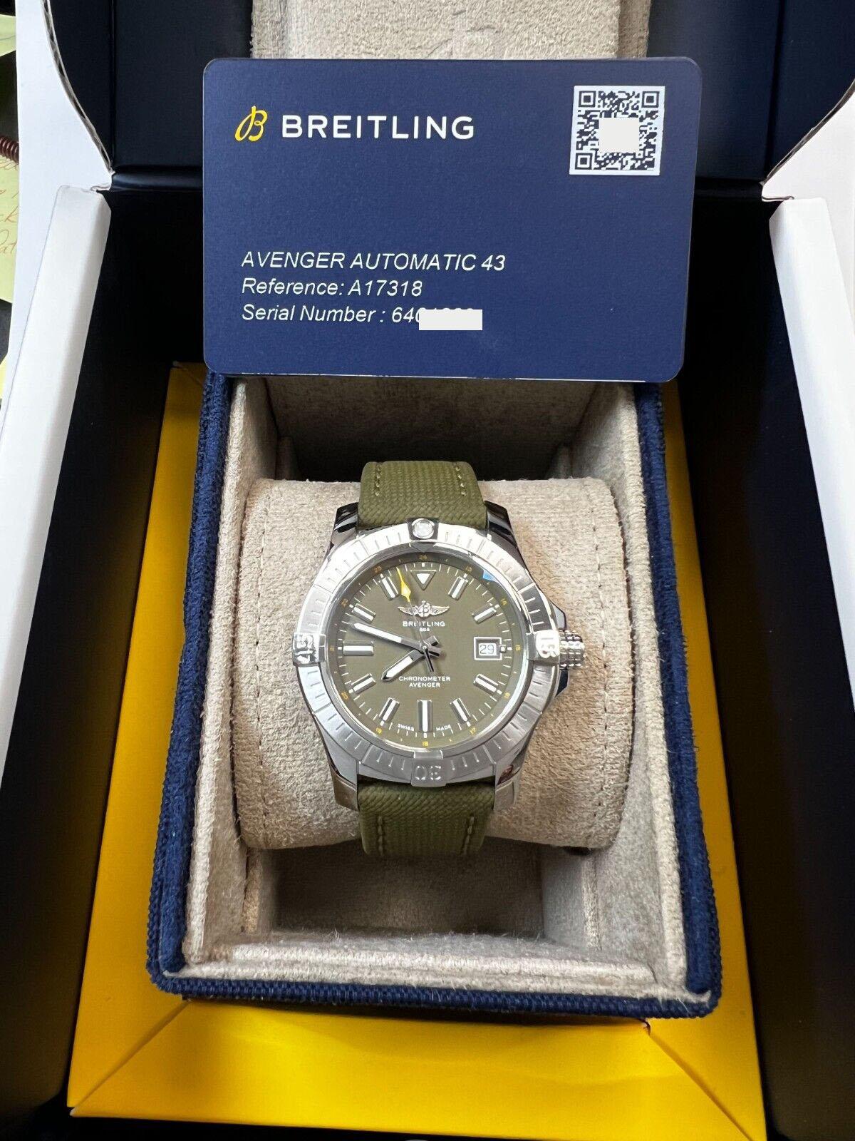 Breitling A17318 Avenger Automatic 43 Green Stainless Steel Box Paper 2021 In Excellent Condition For Sale In San Diego, CA