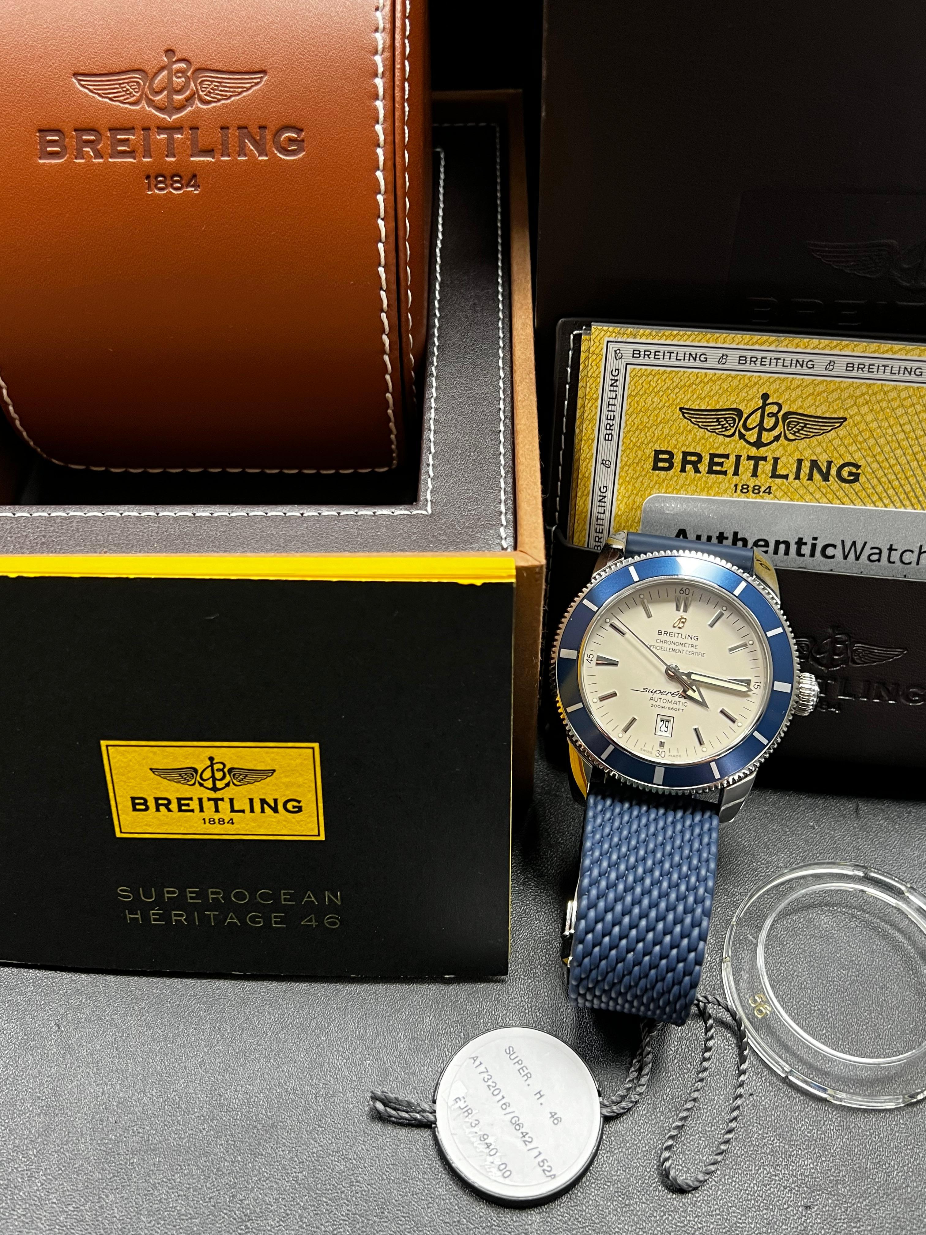 Style Number: A17320
Year: 2016
Model: Superocean Heritage 46
Case Material: Stainless Steel 
Band: Blue Rubber Strap
Bezel: Blue 
Dial: White
Face: Sapphire Crystal 
Case Size: 46mm 


Includes: 
-Breitling Box & Booklet
-Certified Appraisal 
-1