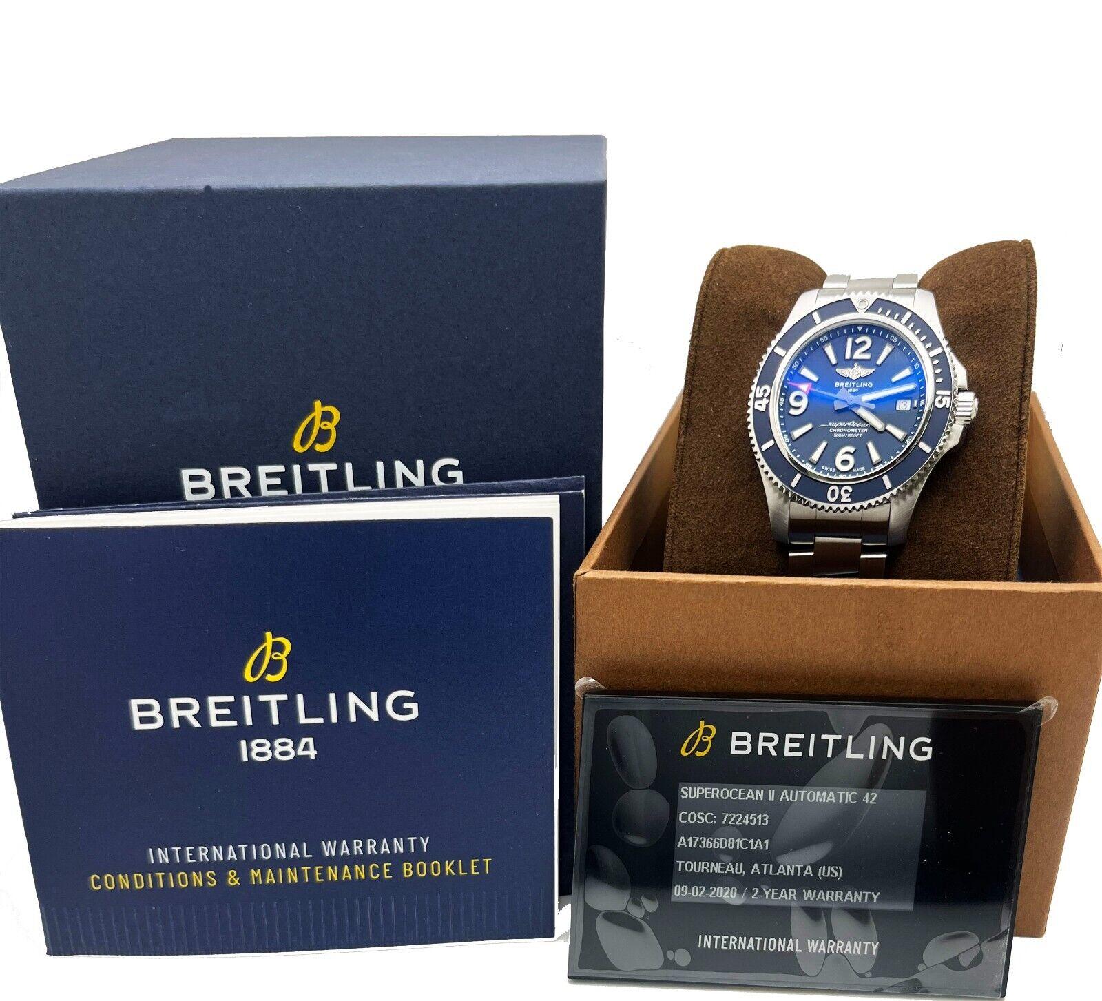 Breitling A17366 SuperOcean Automatic 42 Blue Dial Stainless Steel Box Paper In Excellent Condition For Sale In San Diego, CA