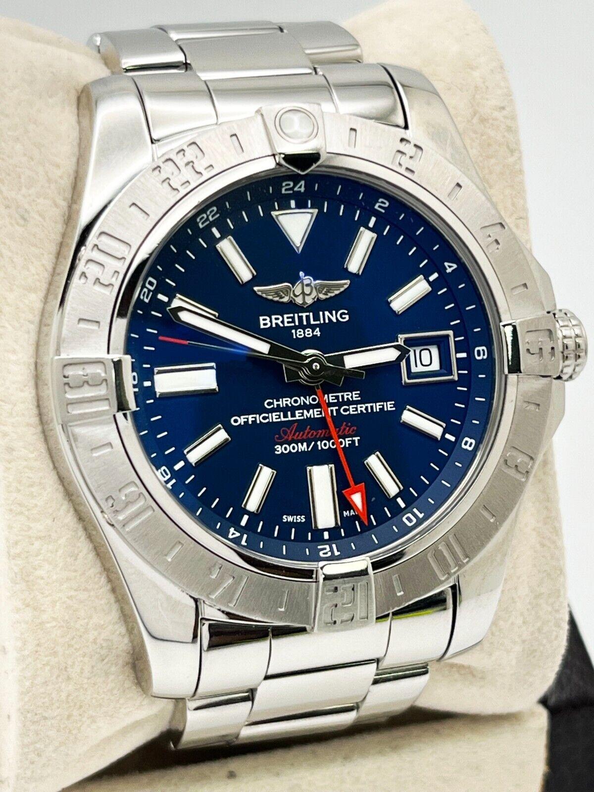 Breitling A32390 Avenger II GMT Blue Dial Stainless Steel Box Paper In Excellent Condition For Sale In San Diego, CA