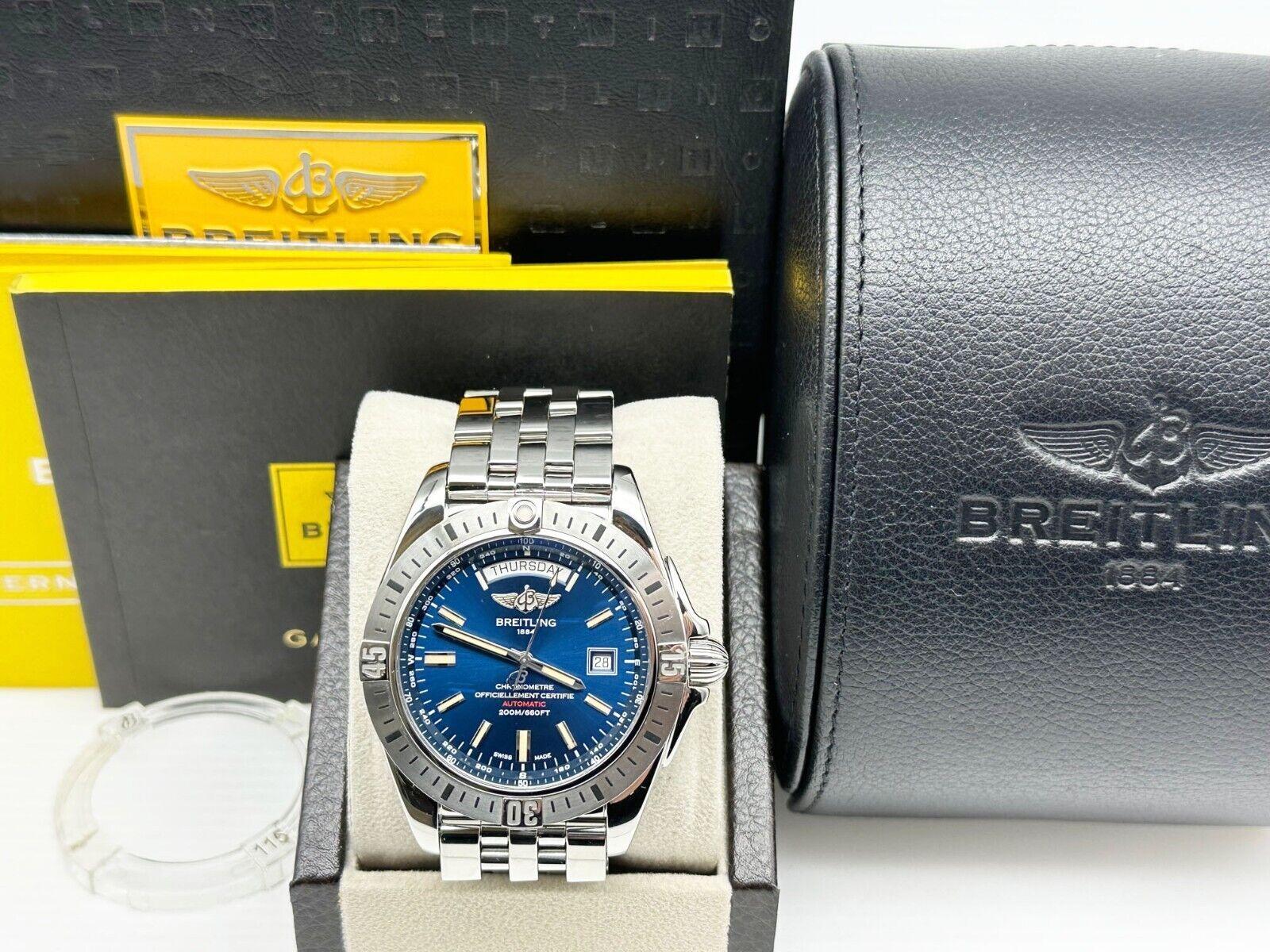 Style Number: A45320
Year: 2016
Model: Breitling Galactic Day-Date
Case Material: Stainless Steel 
Band: Stainless Steel 
Bezel:  Stainless Steel 
Dial: Blue 
Face: Sapphire Crystal 
Case Size: 44mm 
Includes: 
-Breitling Box & Paper
-Certified
