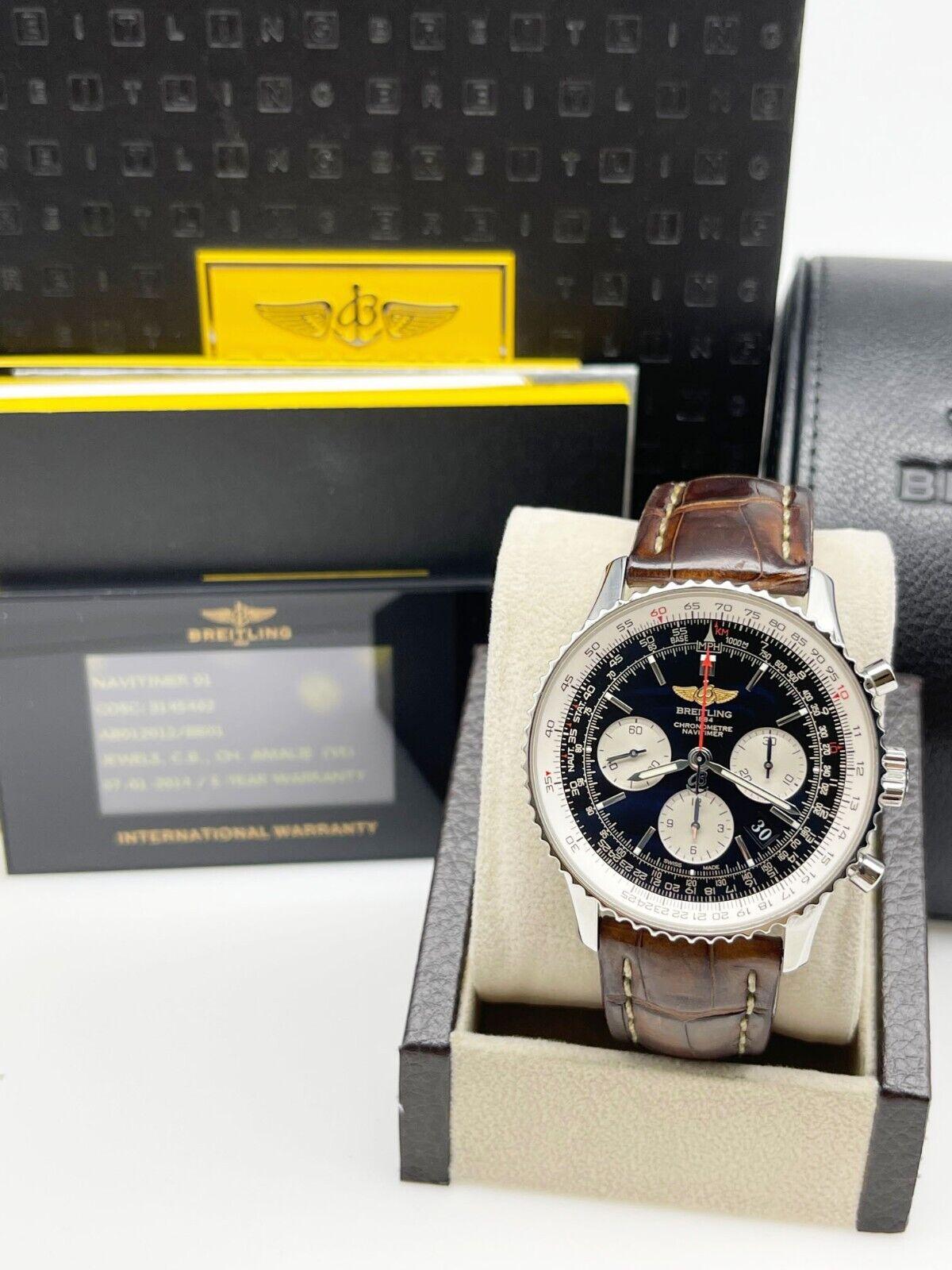 Style Number: AB0120

Year: 2014

Model: Navitimer

Case Material: Stainless Steel

Band: Brown Leather Band 

Bezel: Stainless Steel

Dial: Black

Face: Sapphire Crystal

Case Size: 43mm

Includes: 

-Breitling Box and Paper

-Certified Appraisal