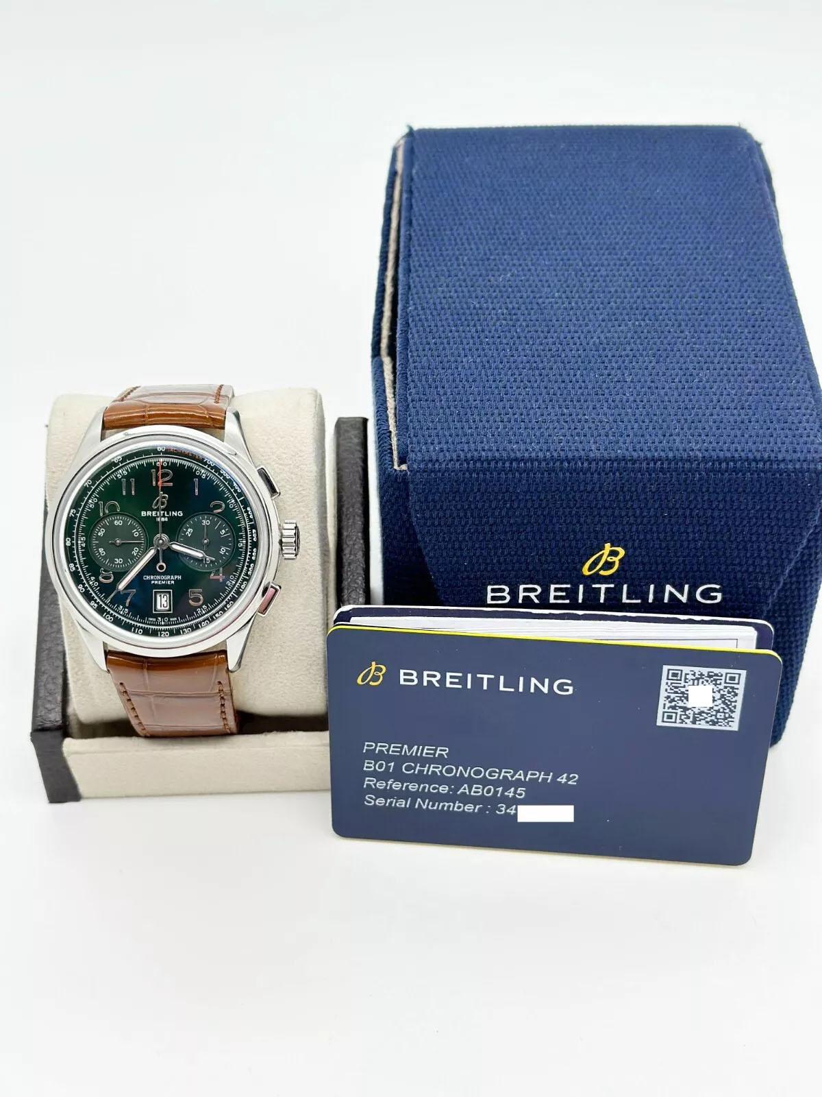Breitling AB0145 Premier B01 Chronograph Green Dial Stainless Box Paper 2023 In Excellent Condition For Sale In San Diego, CA