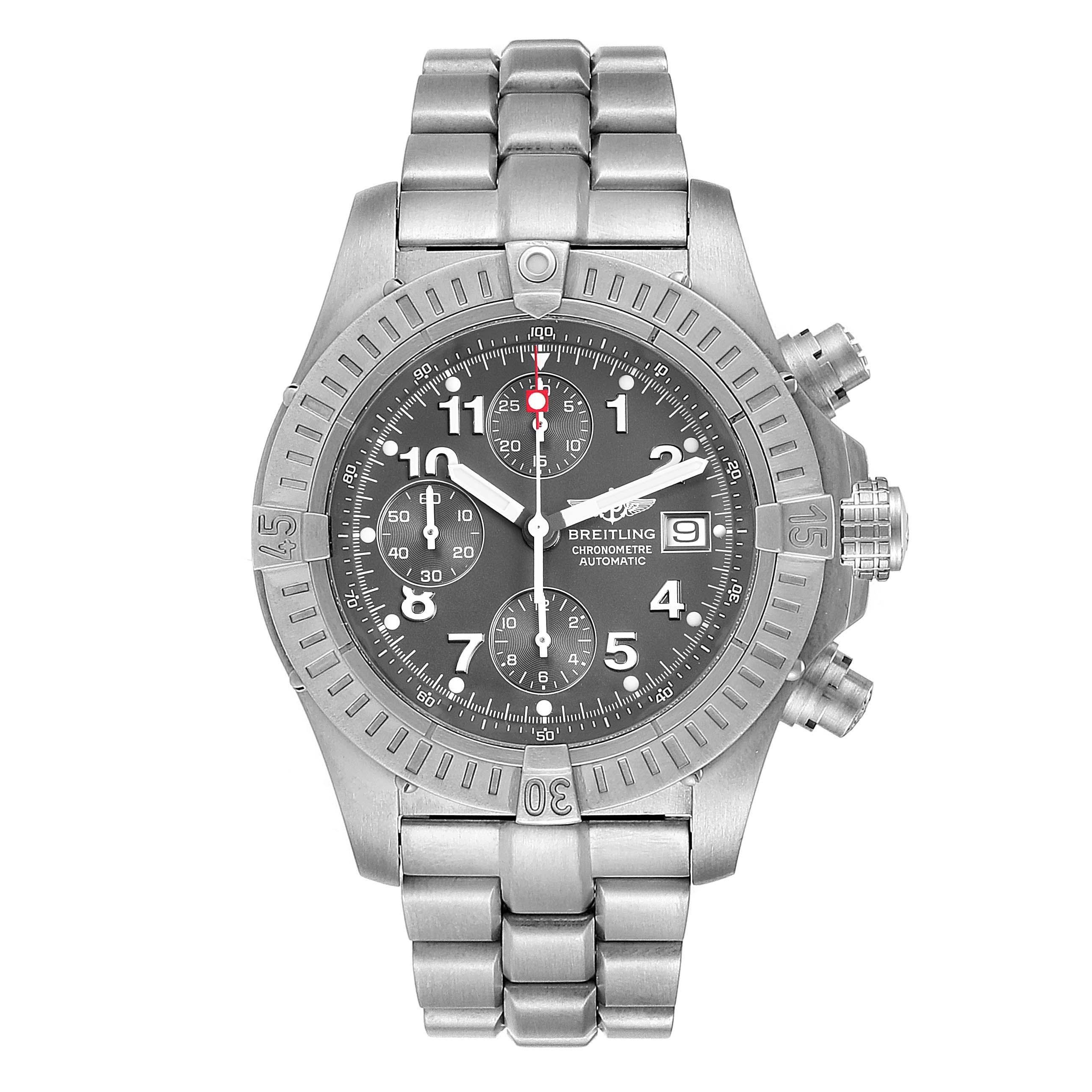 Breitling Aeromarine Avenger Chronograph Titanium Mens Watch E13360. Automatic movement. Chronograph function. Titanium case 44 mm in diameter. Titanium unidirectional rotating bezel. 0-60 elapsed-time. Four 15 minute markers. Scratch resistant