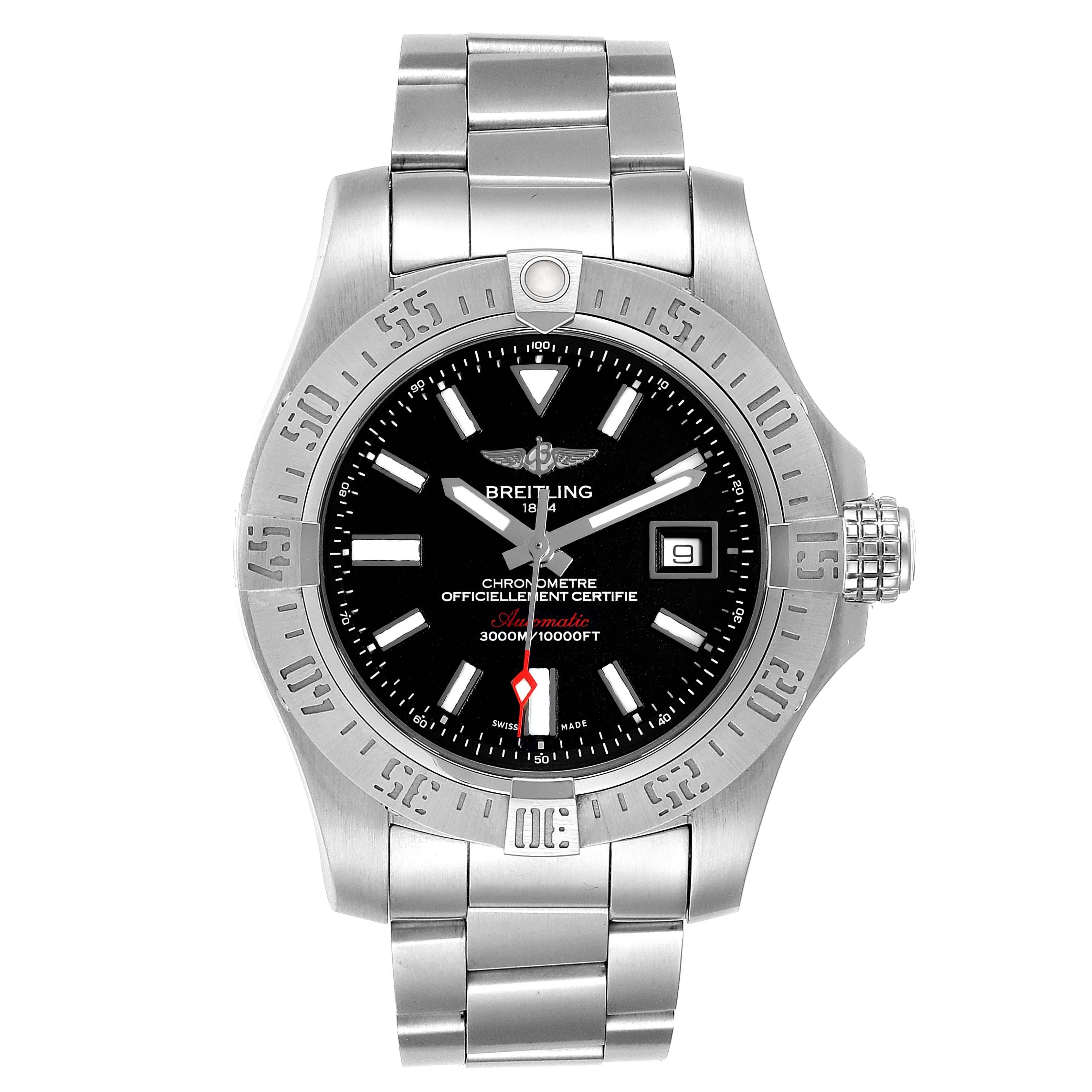 Breitling Aeromarine Avenger II 45 Seawolf Mens Watch A17331 Box Card. Authomatic self-winding movement. Stainless steel case 45 mm in diameter with screwed-down crown and pushers. Stainless steel unidirectional rotating bezel. 0-60 elapsed-time.