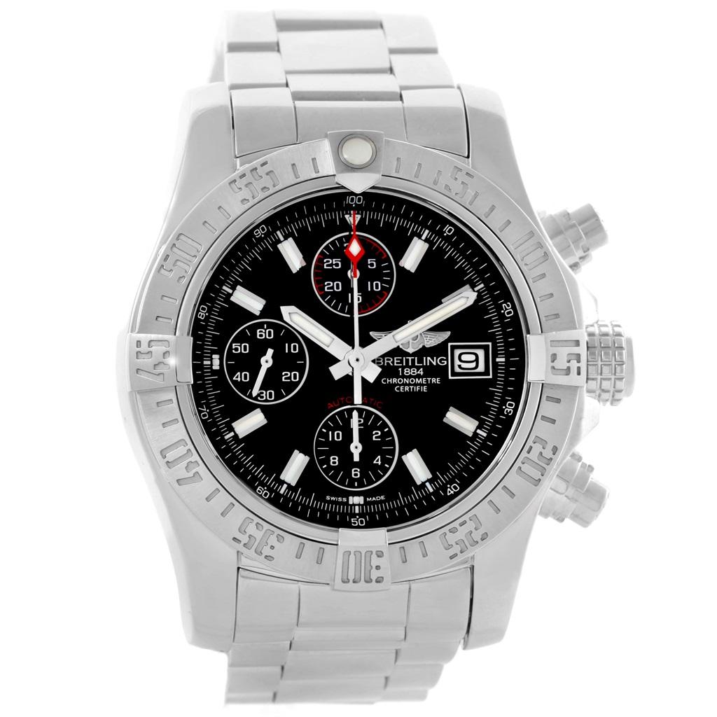 Breitling Aeromarine Super Avenger Black Dial Mens Watch A13381. Automatic movement. Chronograph function. Stainless steel case 43 mm in diameter with screwed-down crown and pushers. Stainless steel unidirectional rotating bezel. 0-60 elapsed-time.