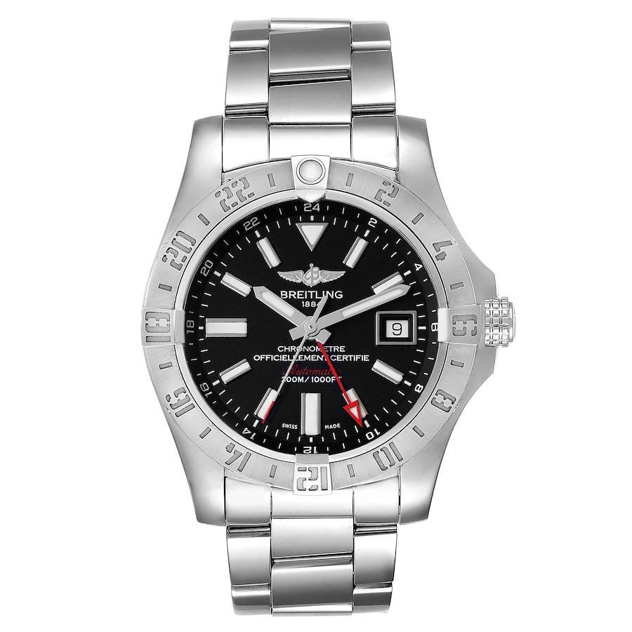 Breitling Aeromarine Avenger II GMT Black Dial Steel Mens Watch A32390 Box Card. Automatic self-winding movement. Stainless steel case 43 mm in diameter with screw-down crown. Stainless steel bidirectional rotating bezel. 0-60 elapsed-time. Four 15