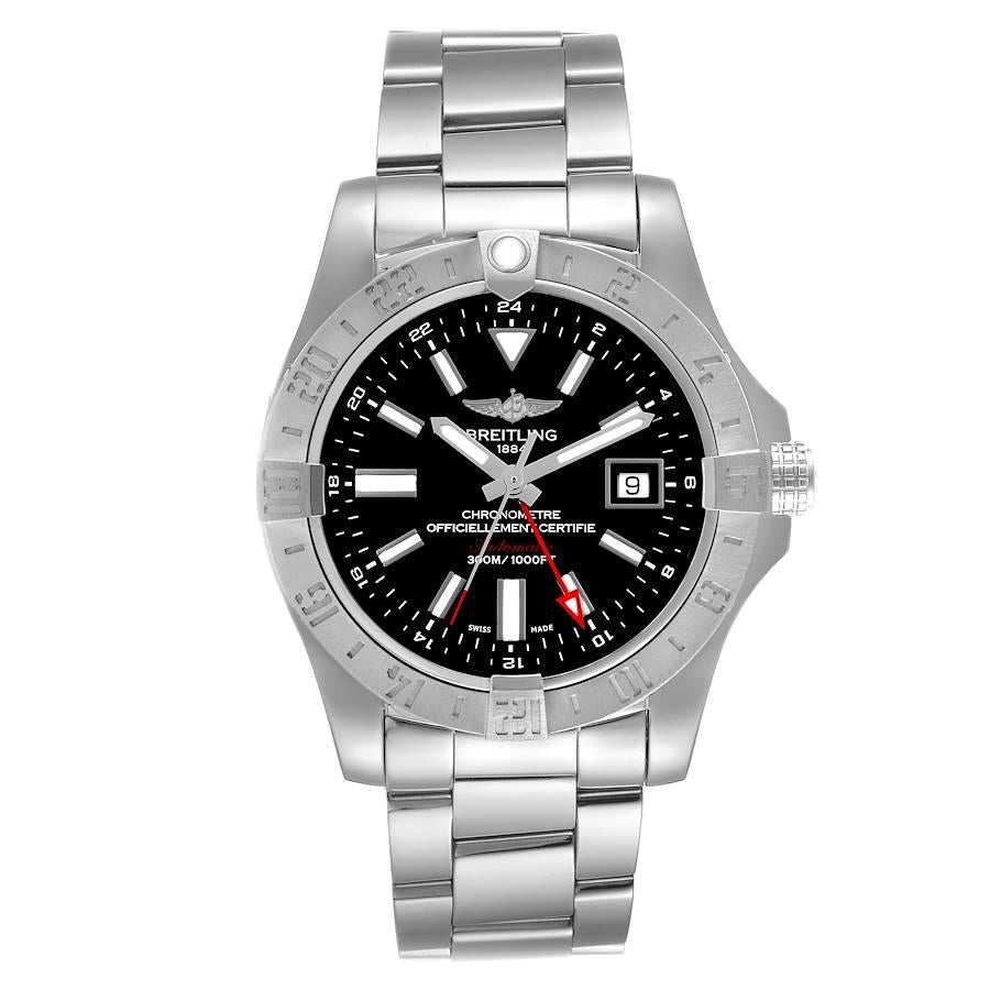 Breitling Aeromarine Avenger II GMT Black Dial Steel Mens Watch A32390. Automatic self-winding movement. Stainless steel case 43 mm in diameter with screw-down crown. Stainless steel bidirectional rotating bezel. 0-60 elapsed-time. Four 15 minute