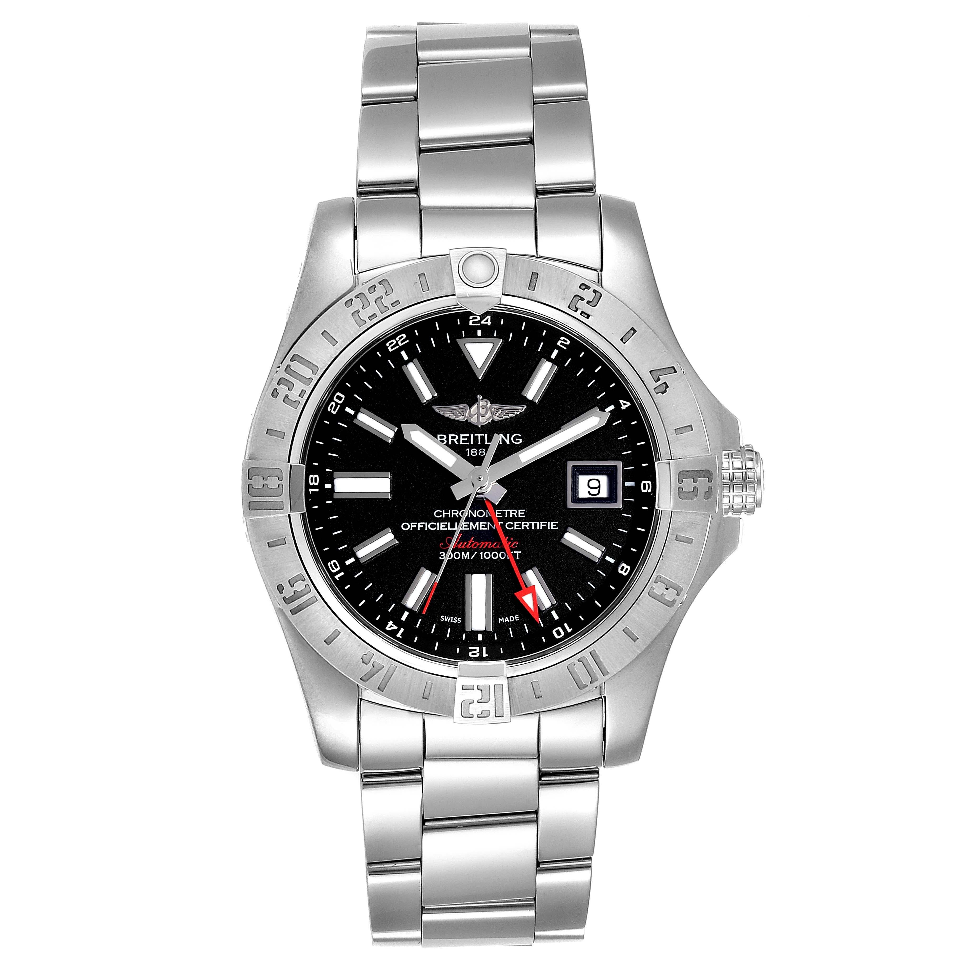 Breitling Aeromarine Avenger II GMT Black Dial Watch A32390 Box Papers. Automatic self-winding movement. Stainless steel case 42 mm in diameter with screw-down crown. Stainless steel bidirectional rotating bezel. 0-60 elapsed-time. Four 15 minute