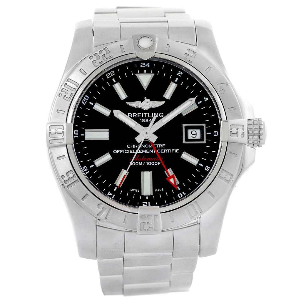 Breitling Aeromarine Avenger II GMT Black Dial Watch A32390 Papers. Officially certified chronometer automatic self-winding movement. Stainless steel case 42.0 mm in diameter with screw-down crown. Stainless steel bidirectional rotating bezel. 0-60