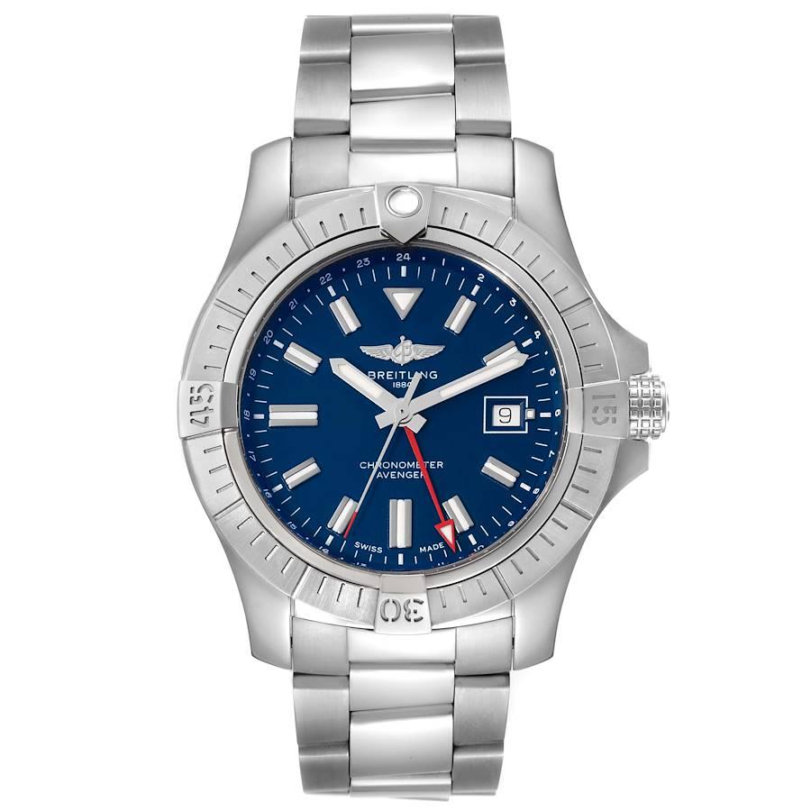 Breitling Aeromarine Avenger II GMT Blue Dial Steel Mens Watch A32395 Box Card. Automatic self-winding movement. Stainless steel case 45 mm in diameter with screw-down crown. Stainless steel unidirectional rotating bezel. 0-60 elapsed-time. Four 15