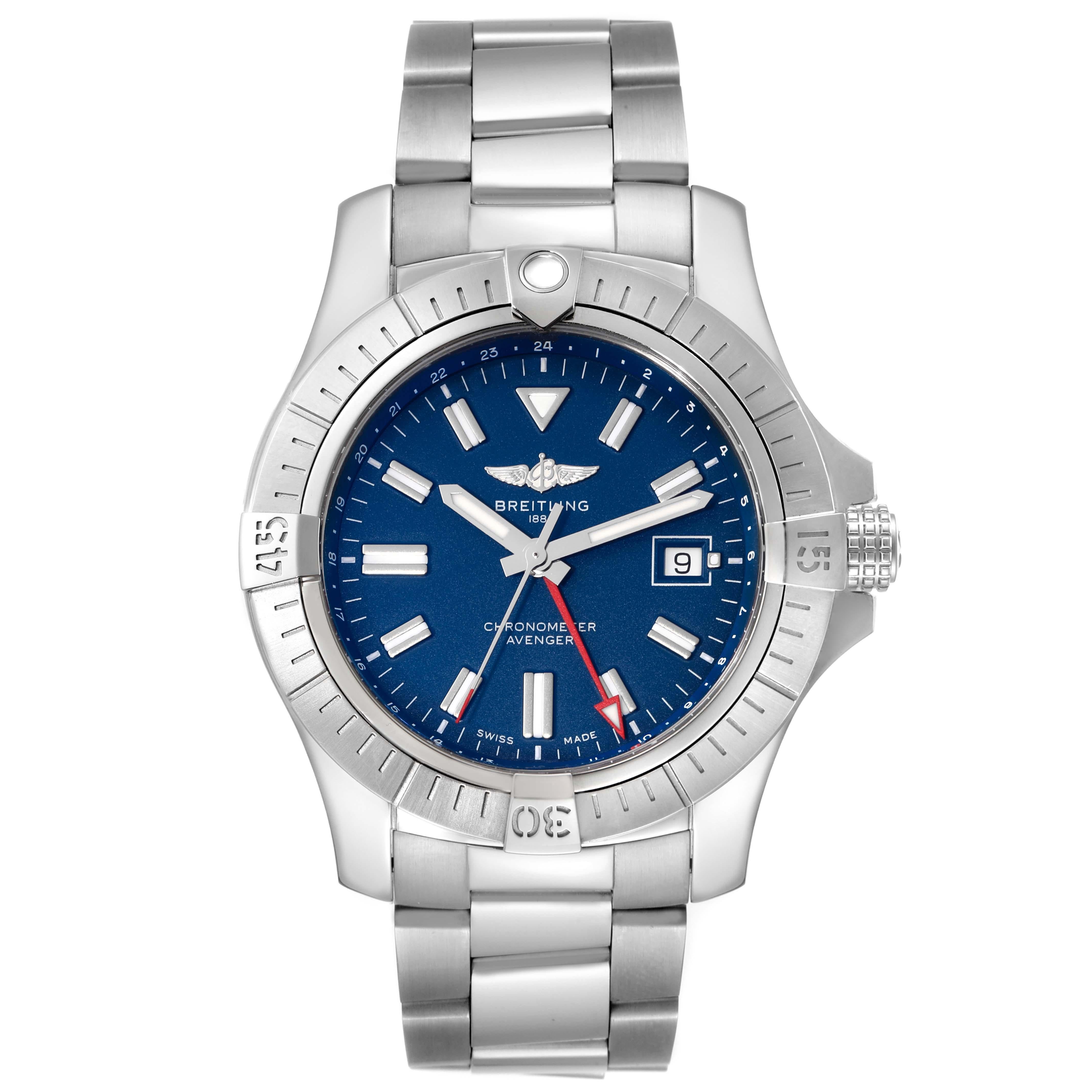Breitling Aeromarine Avenger II GMT Blue Dial Steel Mens Watch A32395 Box Card. Automatic self-winding movement. Stainless steel case 45 mm in diameter with screw-down crown. Stainless steel unidirectional rotating bezel. 0-60 elapsed-time. Four 15