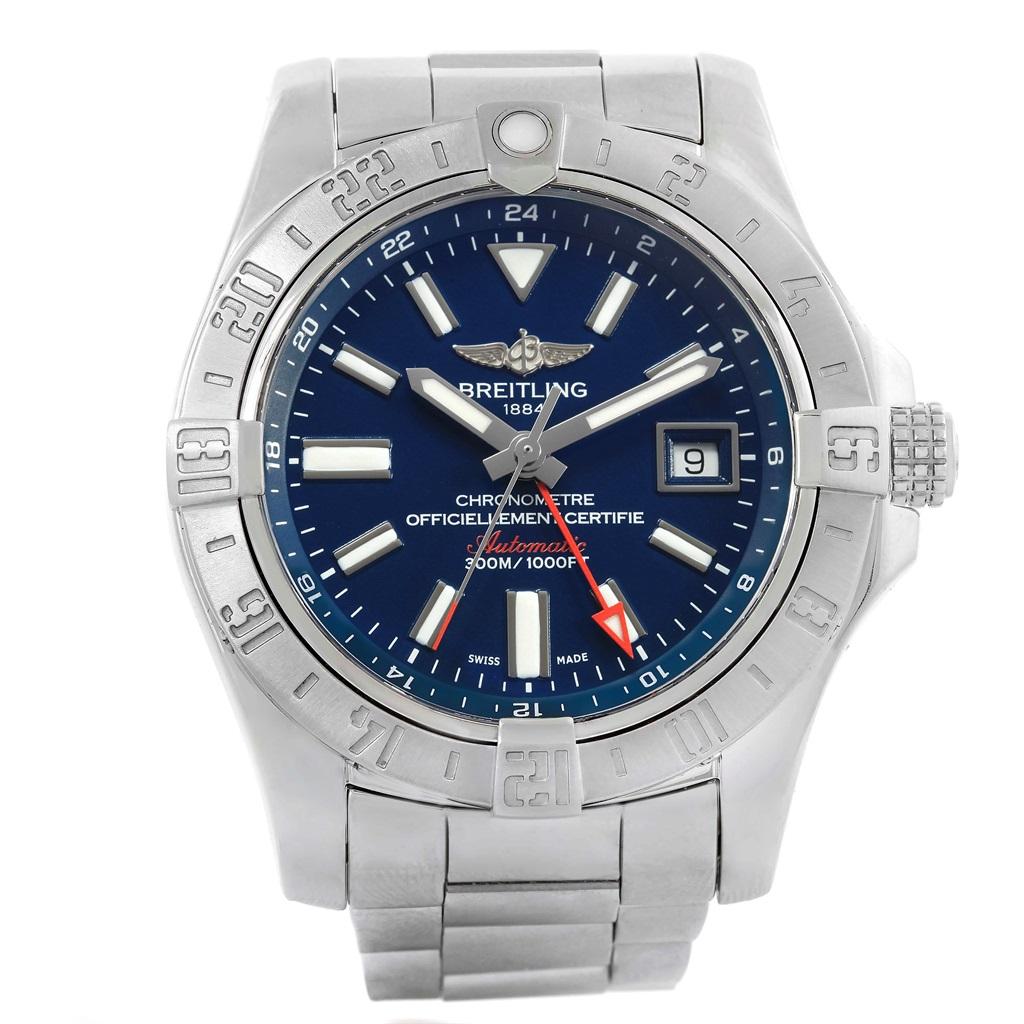 Breitling Aeromarine Avenger II GMT Blue Dial Watch A32390 Box. Automatic self-winding movement. Stainless steel case 42 mm in diameter with screw-down crown. Stainless steel bidirectional rotating bezel. 0-60 elapsed-time. Four 15 minute markers.