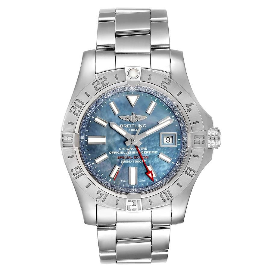 Breitling Aeromarine Avenger II GMT Blue MOP Dial Watch A32390 Box. Automatic self-winding movement. Stainless steel case 42 mm in diameter with screw-down crown. Stainless steel bidirectional rotating bezel. 0-60 elapsed-time. Four 15 minute