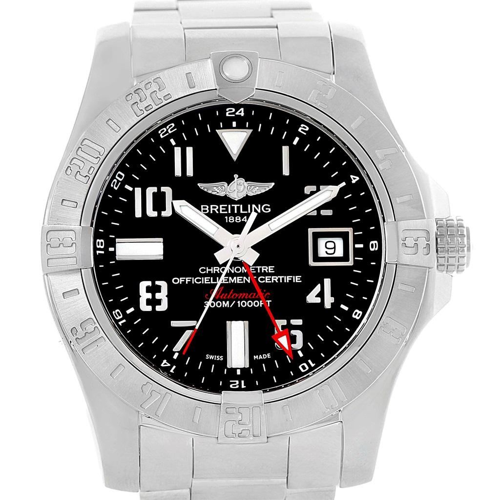 Breitling Aeromarine Avenger II GMT Mens Watch A32390 Box Papers. Automatic self-winding movement. Stainless steel case 42.0 mm in diameter with screw-down crown. Stainless steel bidirectional rotating bezel. 0-60 elapsed-time. Four 15 minute