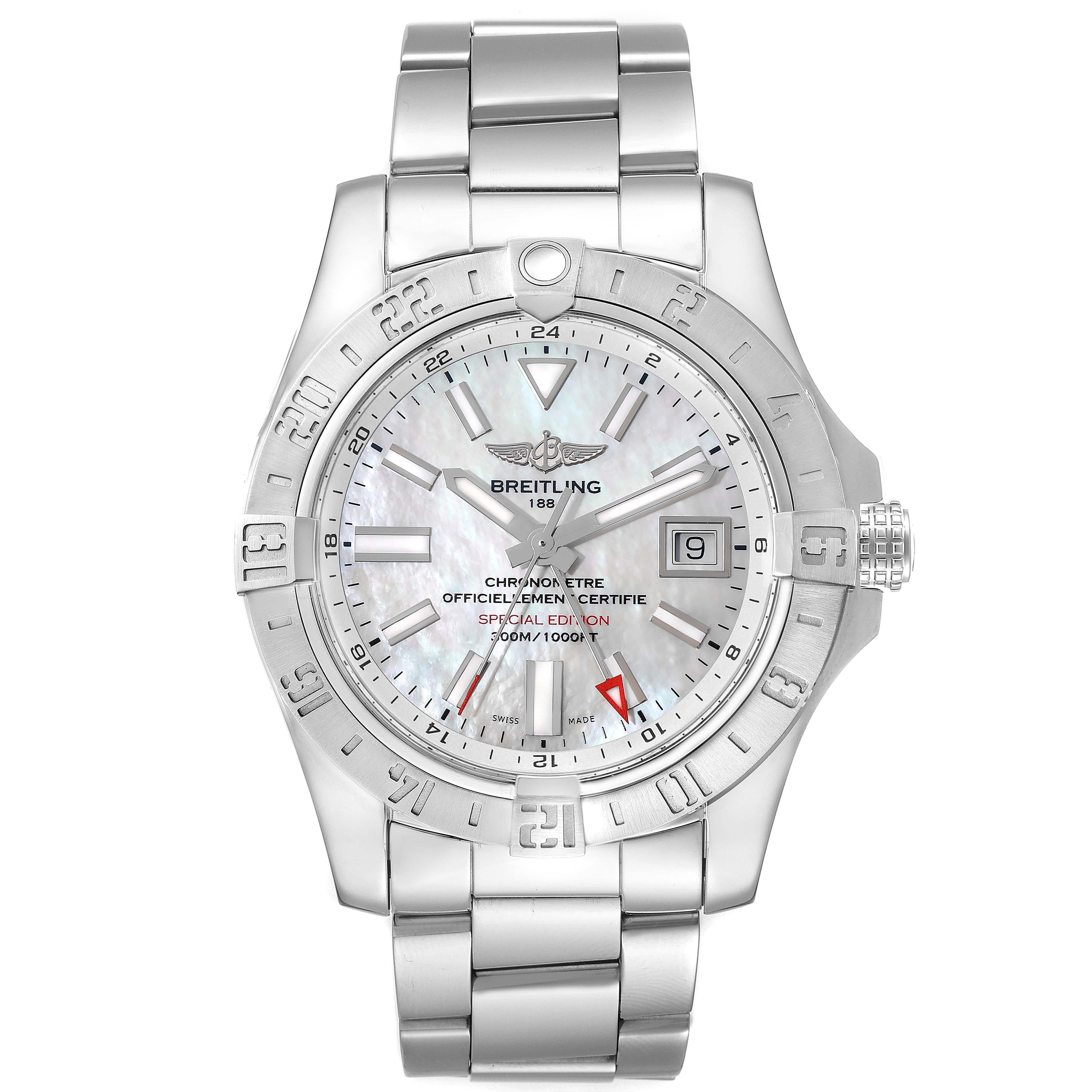 Breitling Aeromarine Avenger II GMT MOP Dial Steel Watch A32390 Box Card. Automatic self-winding movement. Stainless steel case 43 mm in diameter with screw-down crown. Stainless steel bidirectional rotating bezel. 0-60 elapsed-time. Four 15 minute