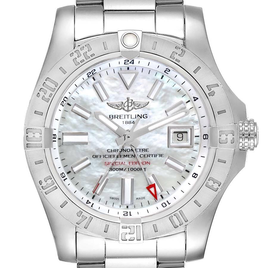 Breitling Aeromarine Avenger II GMT MOP Dial Steel Watch A32390 Box Card For Sale