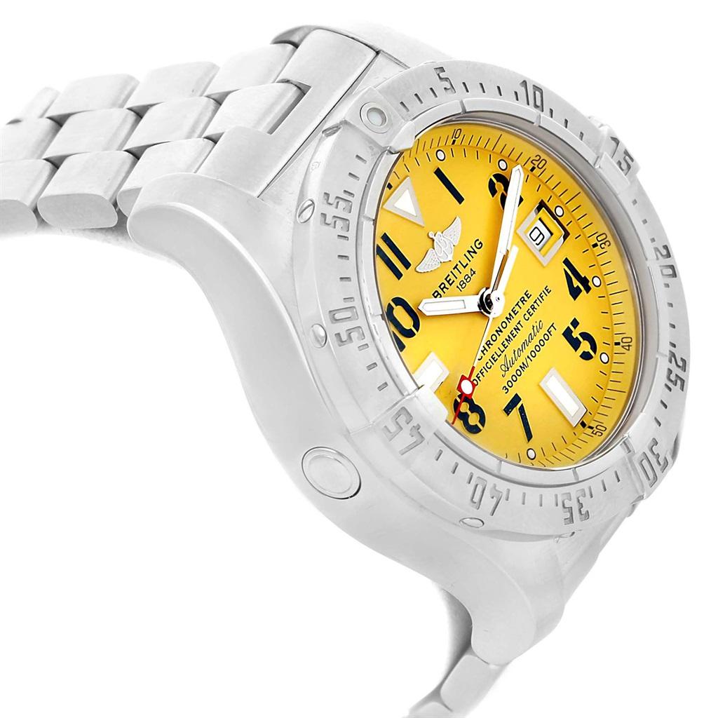 Breitling Aeromarine Avenger Seawolf Yellow Dial Mens Watch A17330. Automatic self-winding movement. Stainless steel case 45.4 mm in diameter with screwed-down crown and pushers. Stainless steel unidirectional rotating bezel. 0-60 elapsed-time. Four