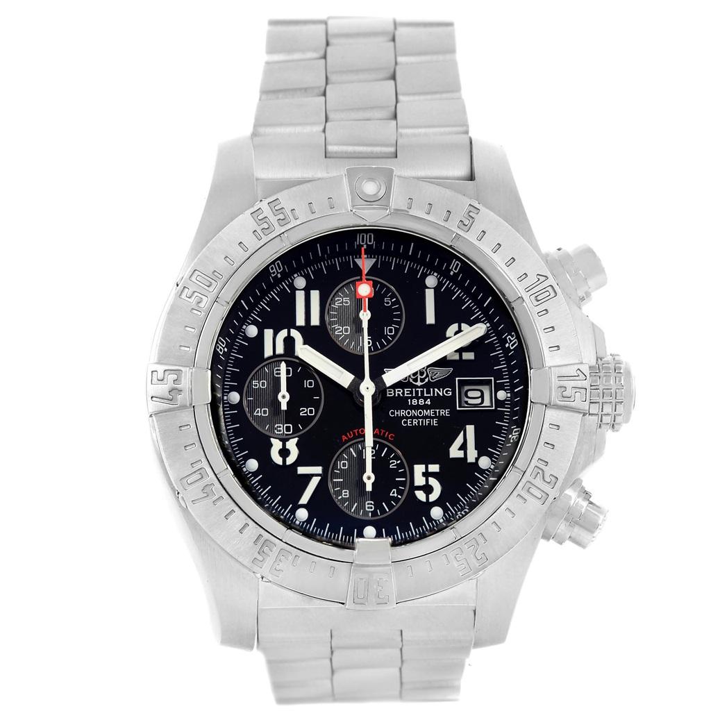 Breitling Aeromarine Avenger Skyland Black Dial Mens Watch A13380. Automatic self-winding movement. Chronograph function. Stainless steel case 45 mm in diameter with screwed-down crown and pushers. Stainless steel  unidirectional rotating bezel.