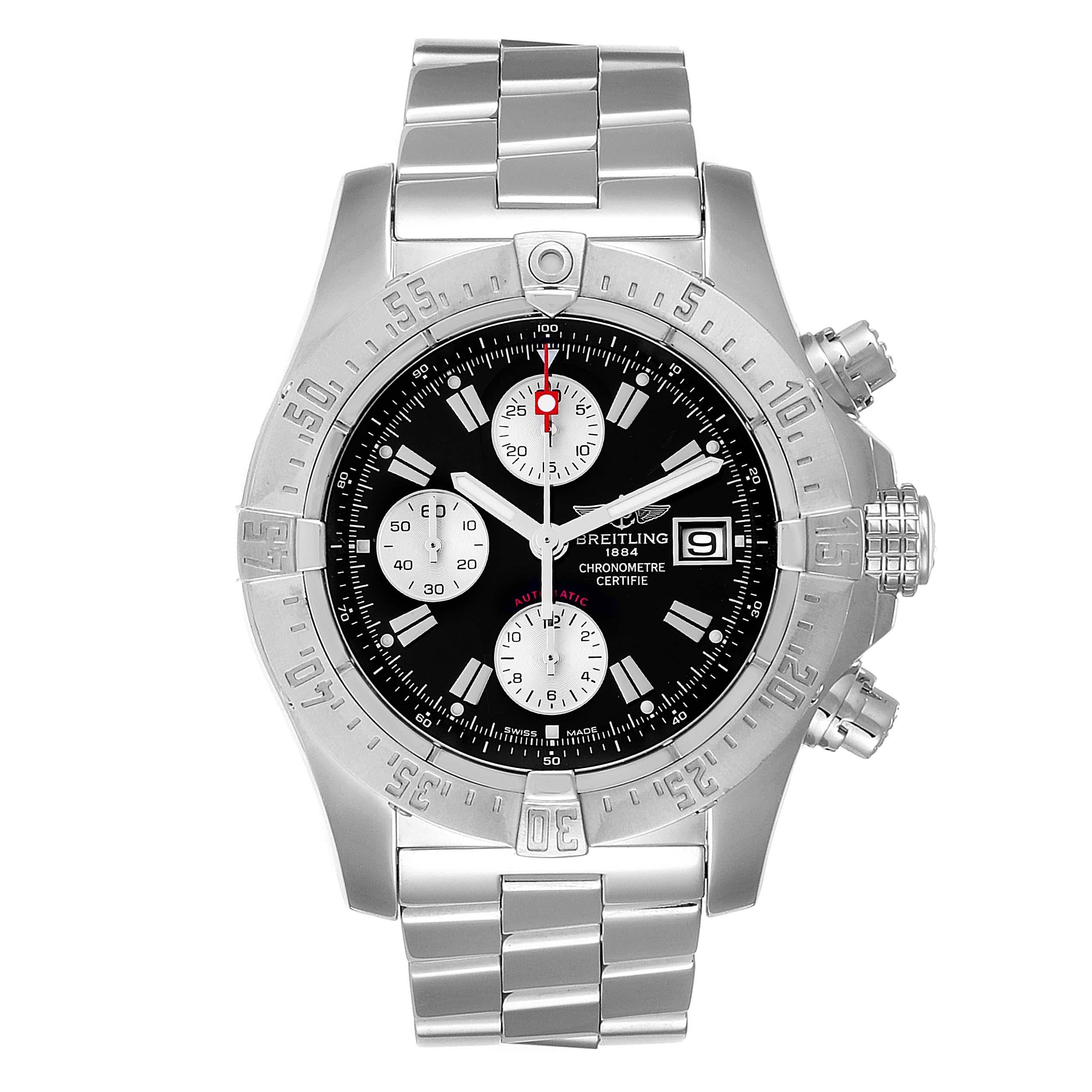 Breitling Aeromarine Avenger Skyland Black Dial Mens Watch A13380. Automatic self-winding movement. Chronograph function. Stainless steel case 45 mm in diameter with screwed-down crown and pushers. Stainless steel unidirectional rotating bezel. 0-60