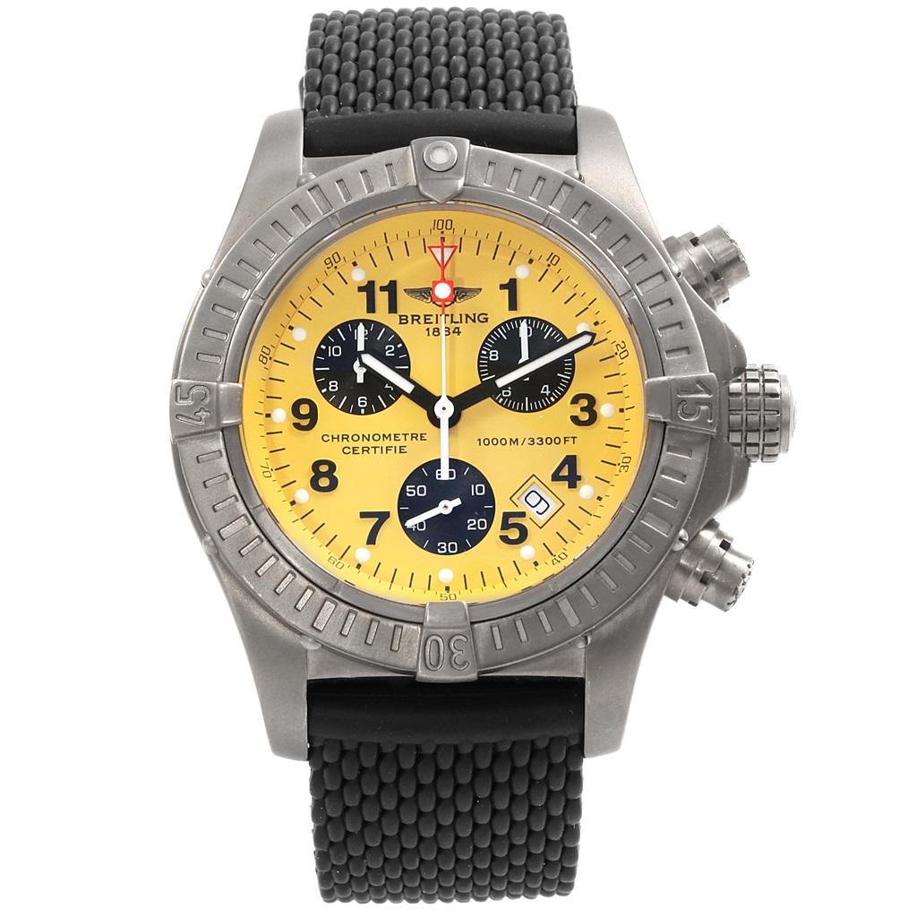 Breitling Aeromarine Chrono Avenger M1 Yellow Dial Titanium Watch E73360. Quartz movement. Chronograph function. Titanium case 44 mm in diameter. Titanium unidirectional rotating bezel. 0-60 elapsed-time. Four 15 minute markers. Scratch resistant