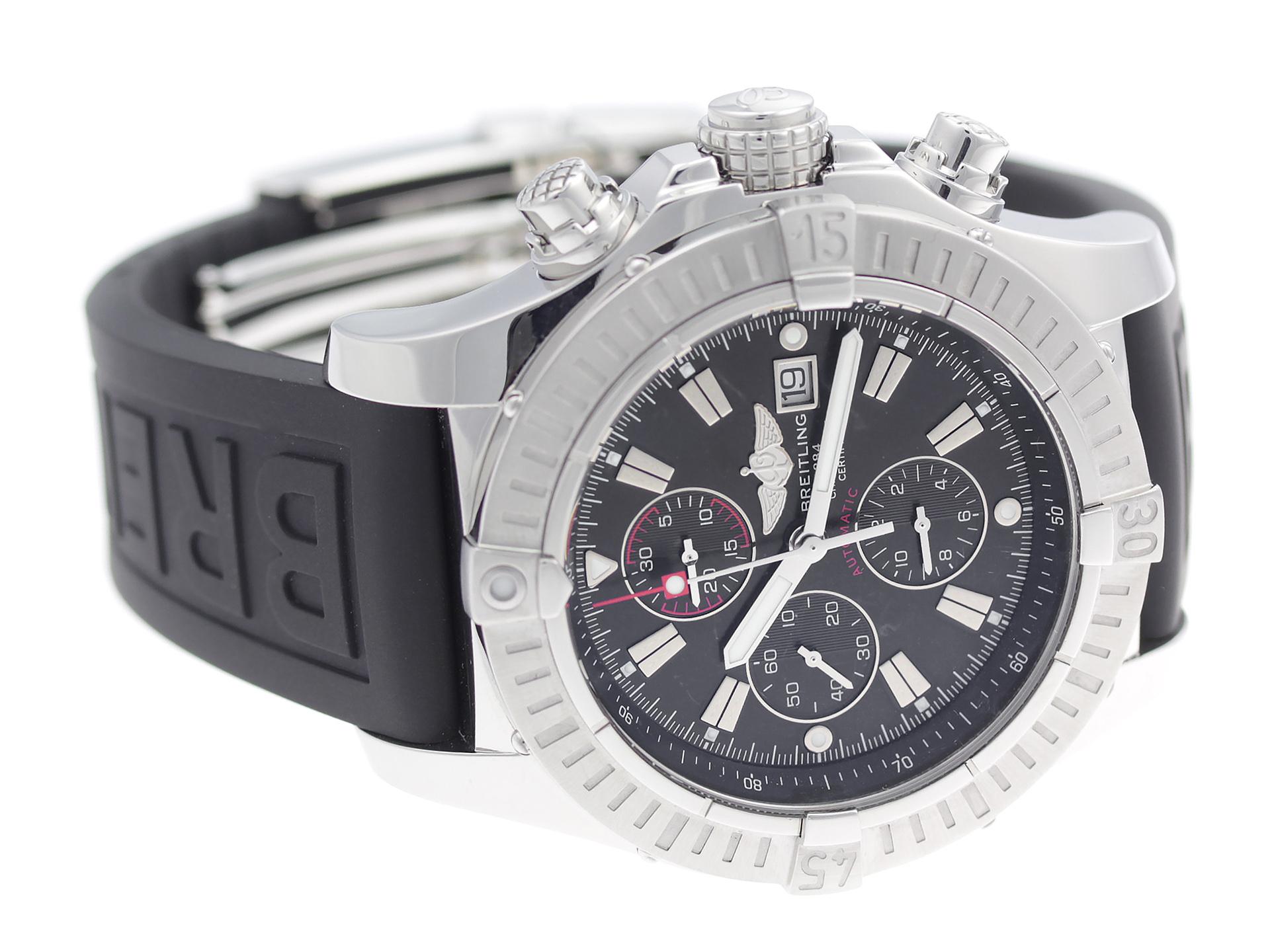 Stainless steel Breitling Aeromarine Super Avenger automatic watch with a 48.6mm case, black dial, and Diver Pro III rubber strap with folding buckle. Features include hours, minutes, seconds, date, and chronograph. Comes with Deluxe Gift Box and 2