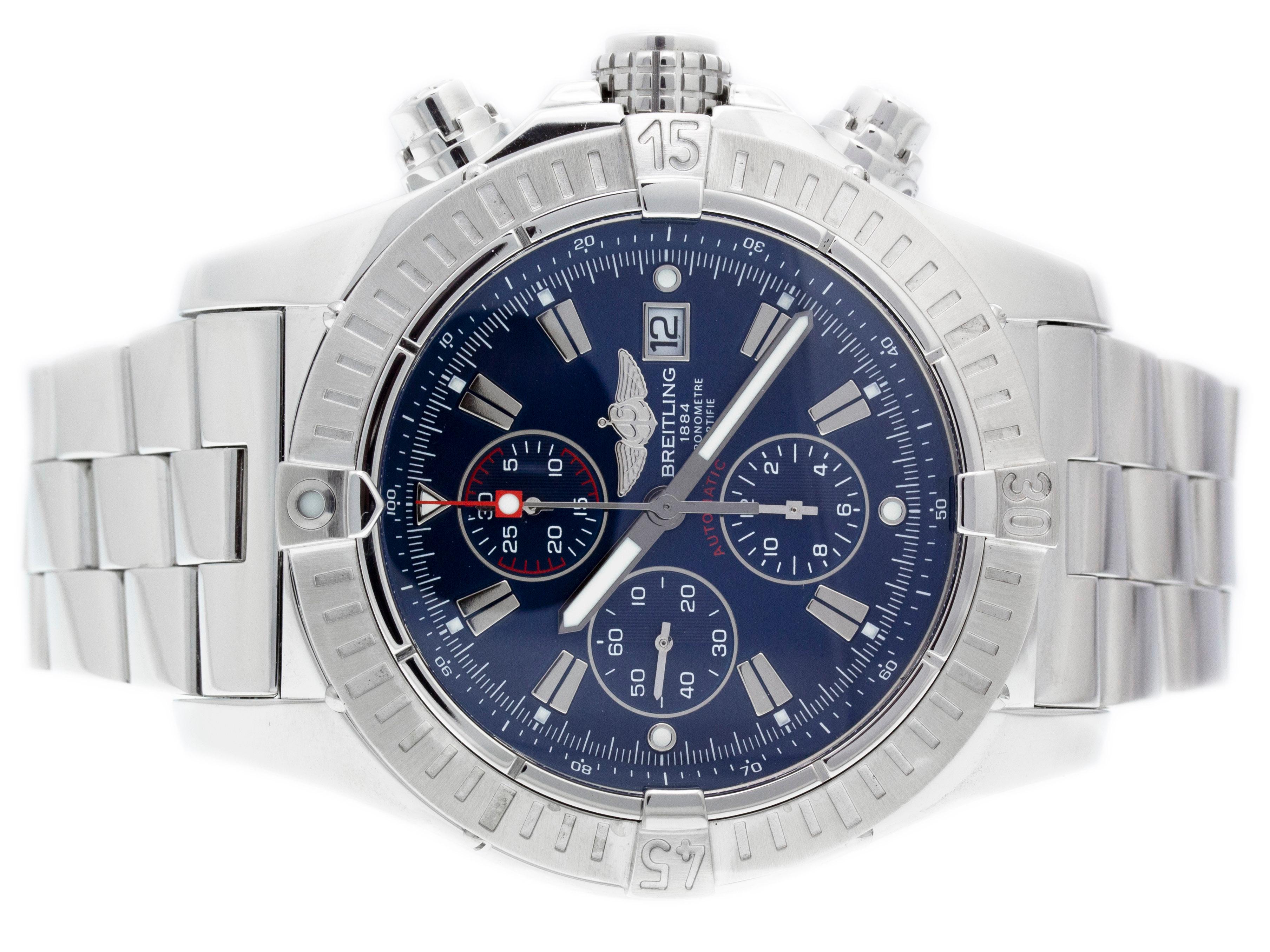 Brand	Breitling
Series	Aeromarine Super Avenger
Model	A1337011/C757
Gender	Men’s
Condition	Excellent Condition Pre-owned, Faint Scratches & Dings on Bezel & Case
Material	Stainless Steel
Finish	Brushed & Polished
Caseback	Stainless