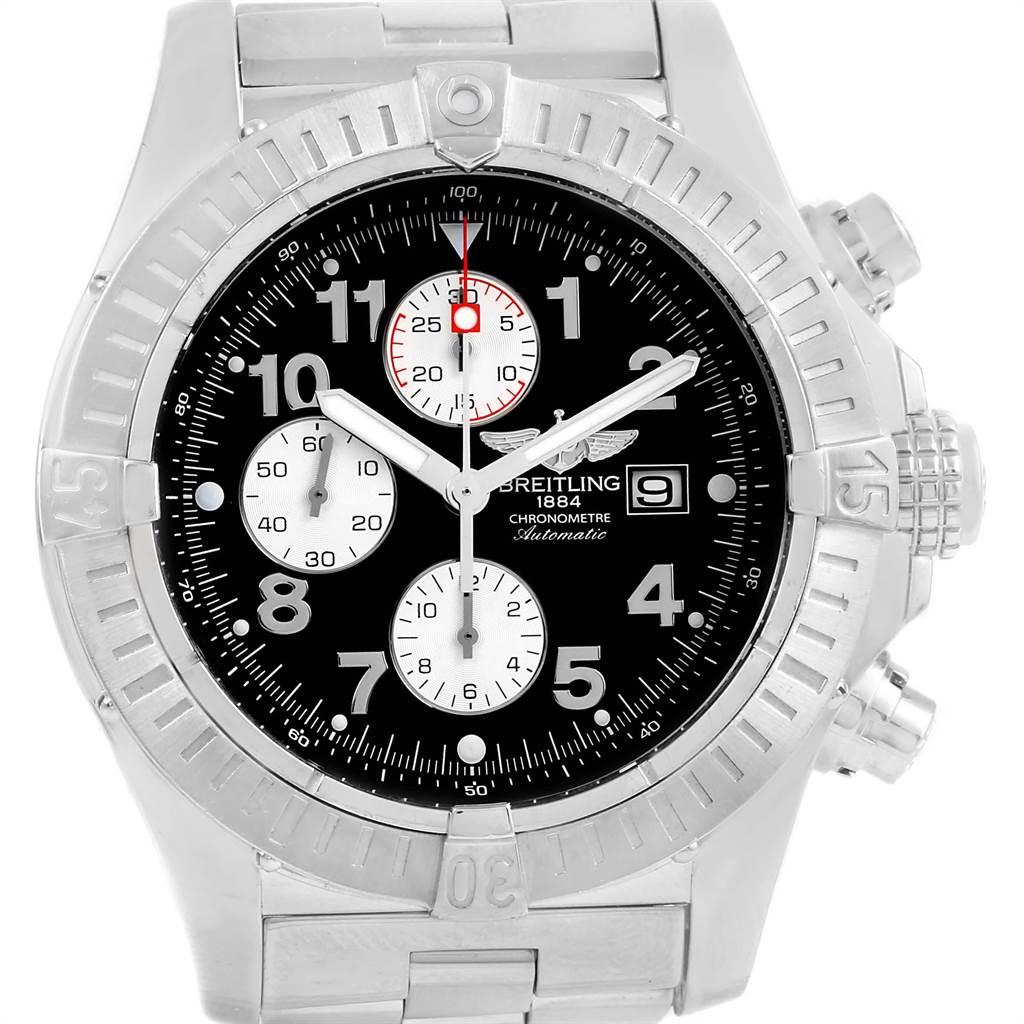 Breitling Aeromarine Super Avenger Black Dial Mens Watch A13370. Automatic movement. Chronograph function. Stainless steel case 48.4 mm in diameter with screwed-locked crown and pushers. Stainless steel unidirectional rotating bezel. 0-60