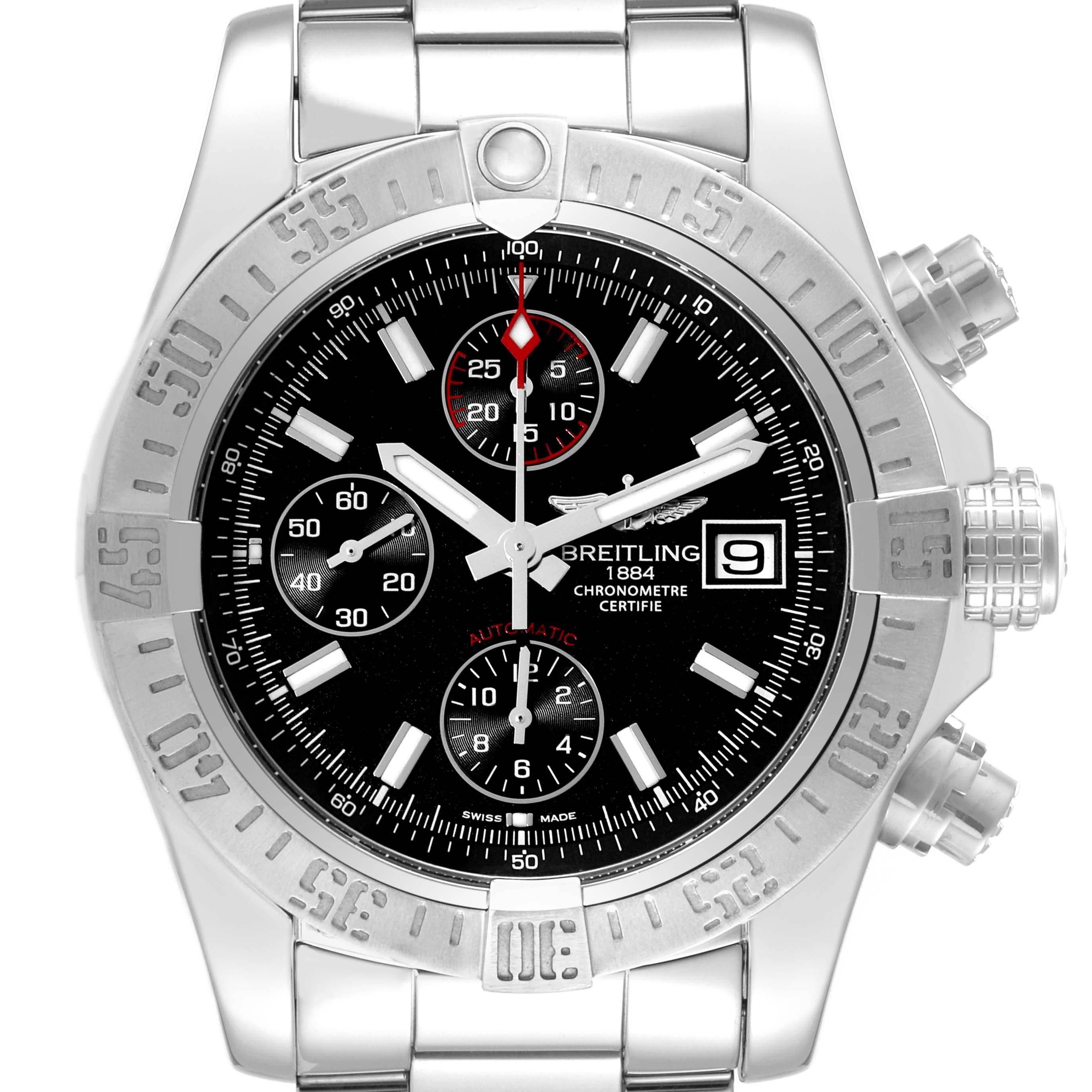 Breitling Aeromarine Super Avenger Black Dial Steel Mens Watch A13381. Officially certified chronometer automatic self-winding chronograph movement. Stainless steel case 43 mm in diameter with pushers and a screwed-down crown. Stainless steel