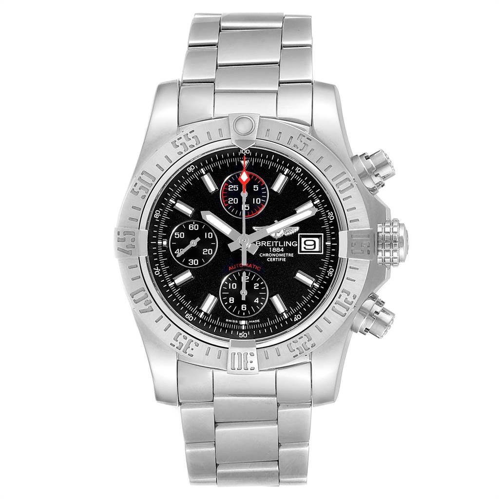 Breitling Aeromarine Super Avenger Black Dial Watch A13381 Card. Automatic movement. Chronograph function. Stainless steel case 43 mm in diameter with screwed-down crown and pushers. Stainless steelunidirectional rotating bezel. 0-60 elapsed-time.