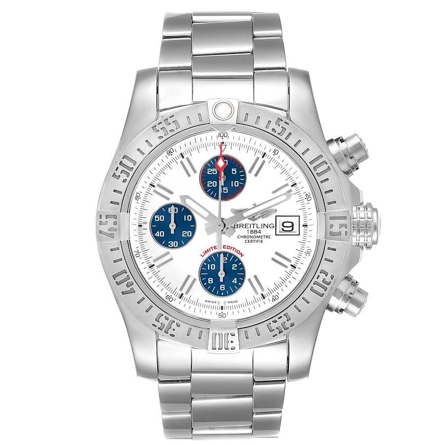 Breitling Aeromarine Super Avenger Mens Watch A13381 Box Card. Automatic self-winding movement. Chronograph function. Stainless steel case 43 mm in diameter with screwed-down crown and pushers. Stainless steel  unidirectional rotating bezel. 0-60