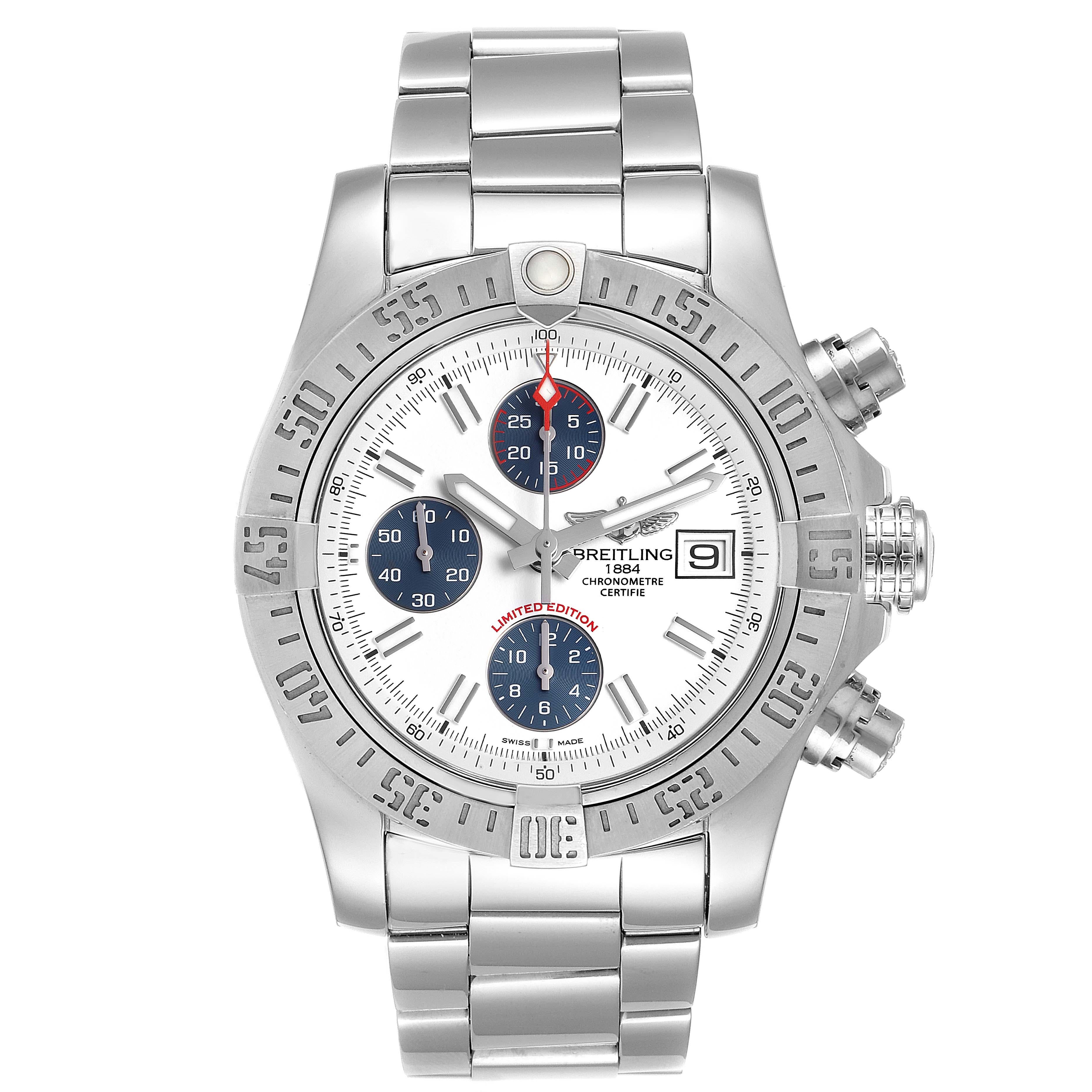 Breitling Aeromarine Super Avenger Mens Watch A13381. Automatic self-winding movement. Chronograph function. Stainless steel case 43 mm in diameter with screwed-down crown and pushers. Stainless steel unidirectional rotating bezel. 0-60