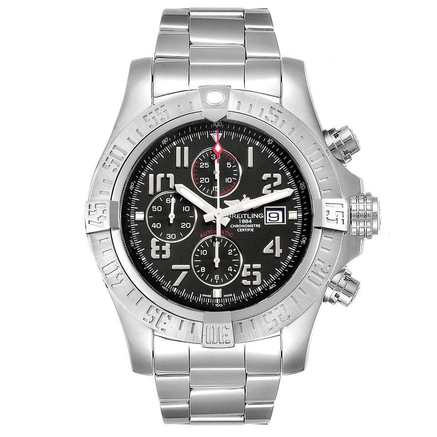 Breitling Aeromarine Super Avenger Steel Mens Watch A13371 Box Papers. Automatic self-winding movement. Chronograph function. Stainless steel case 48 mm in diameter with screwed-locked crown and pushers. Case thickness 17.75 mm. Stainless steel