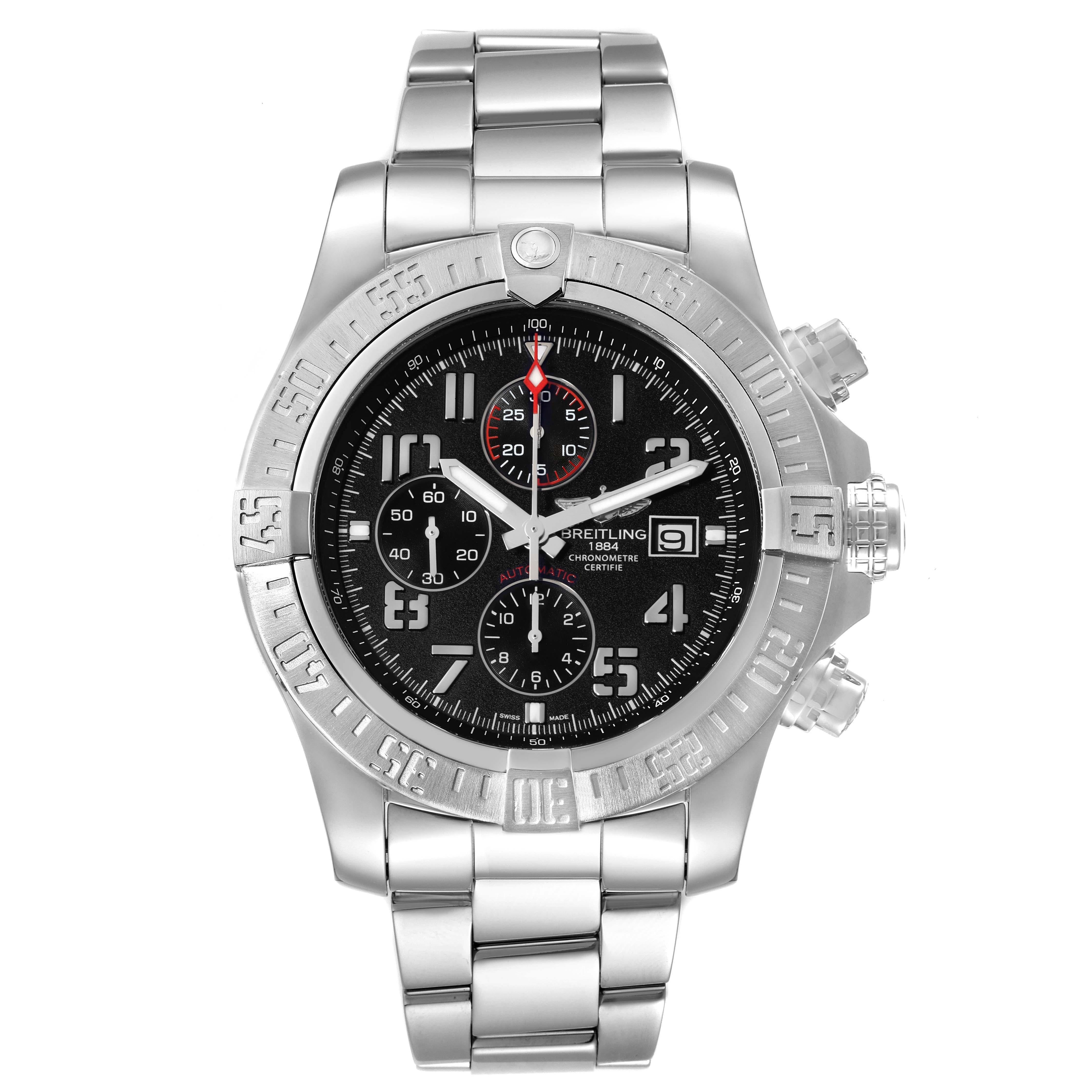 Breitling Aeromarine Super Avenger Steel Mens Watch A13371 Box Papers. Automatic self-winding movement. Chronograph function. Stainless steel case 48 mm in diameter. Case thickness 17.75 mm. Stainless steel unidirectional rotating bezel. 0-60